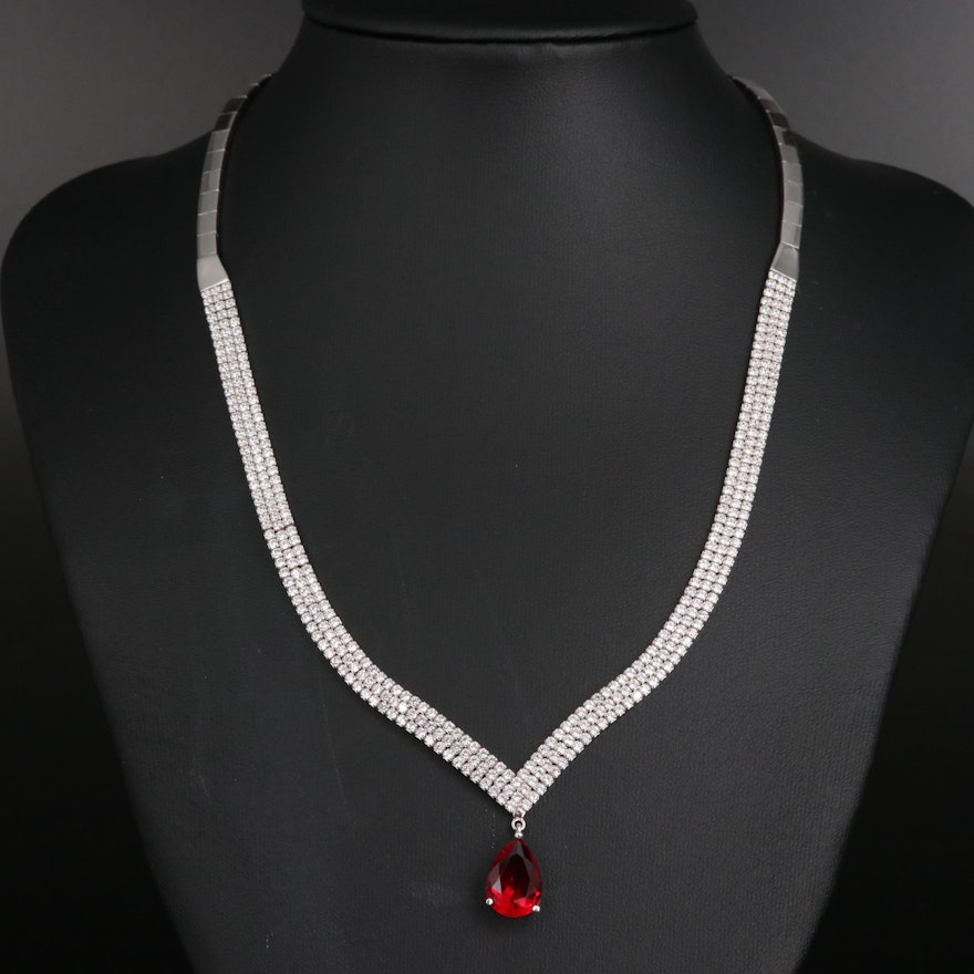 Sterling Silver Red Glass and Cubic Zirconia Chevron Necklace