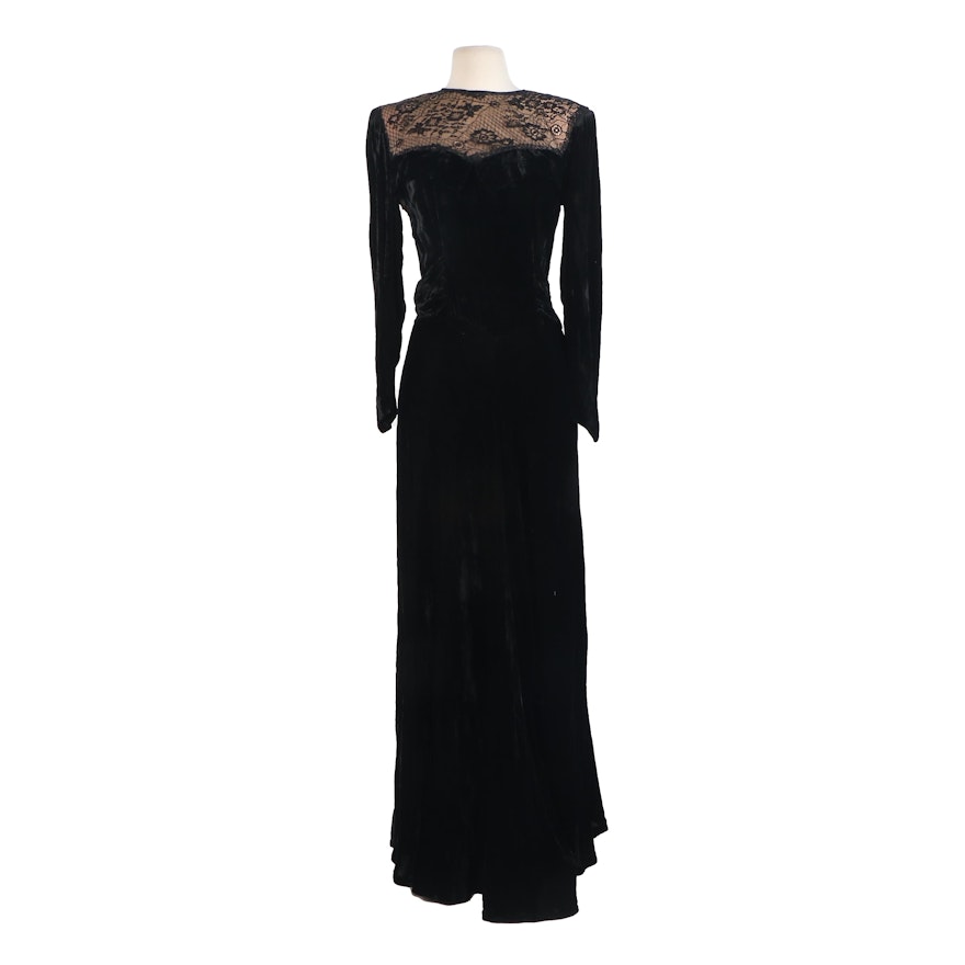 Valentino Boutique Black Velvet Evening Dress with Lace Illusion Neckline