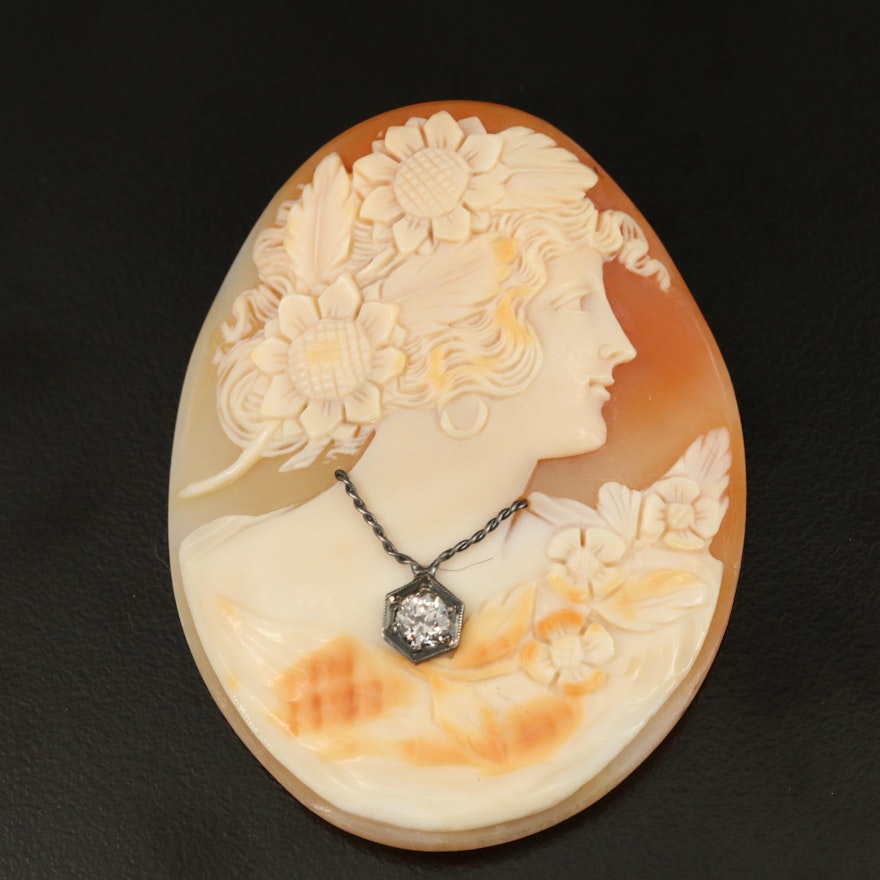 Antique Shell Habillé Cameo with Diamond, 10K and Sterling Accents