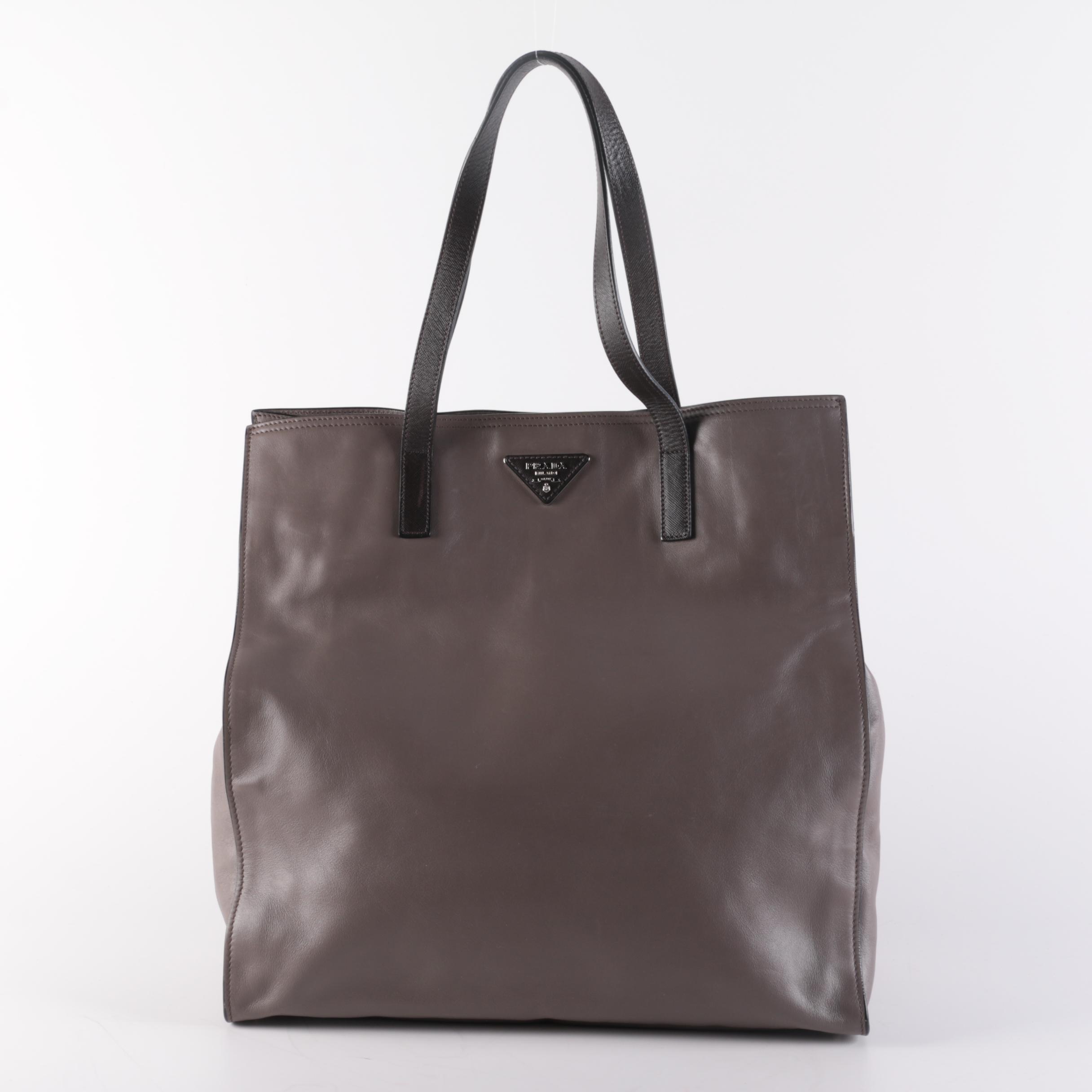 Prada Open Tote in Grey Calfskin Leather