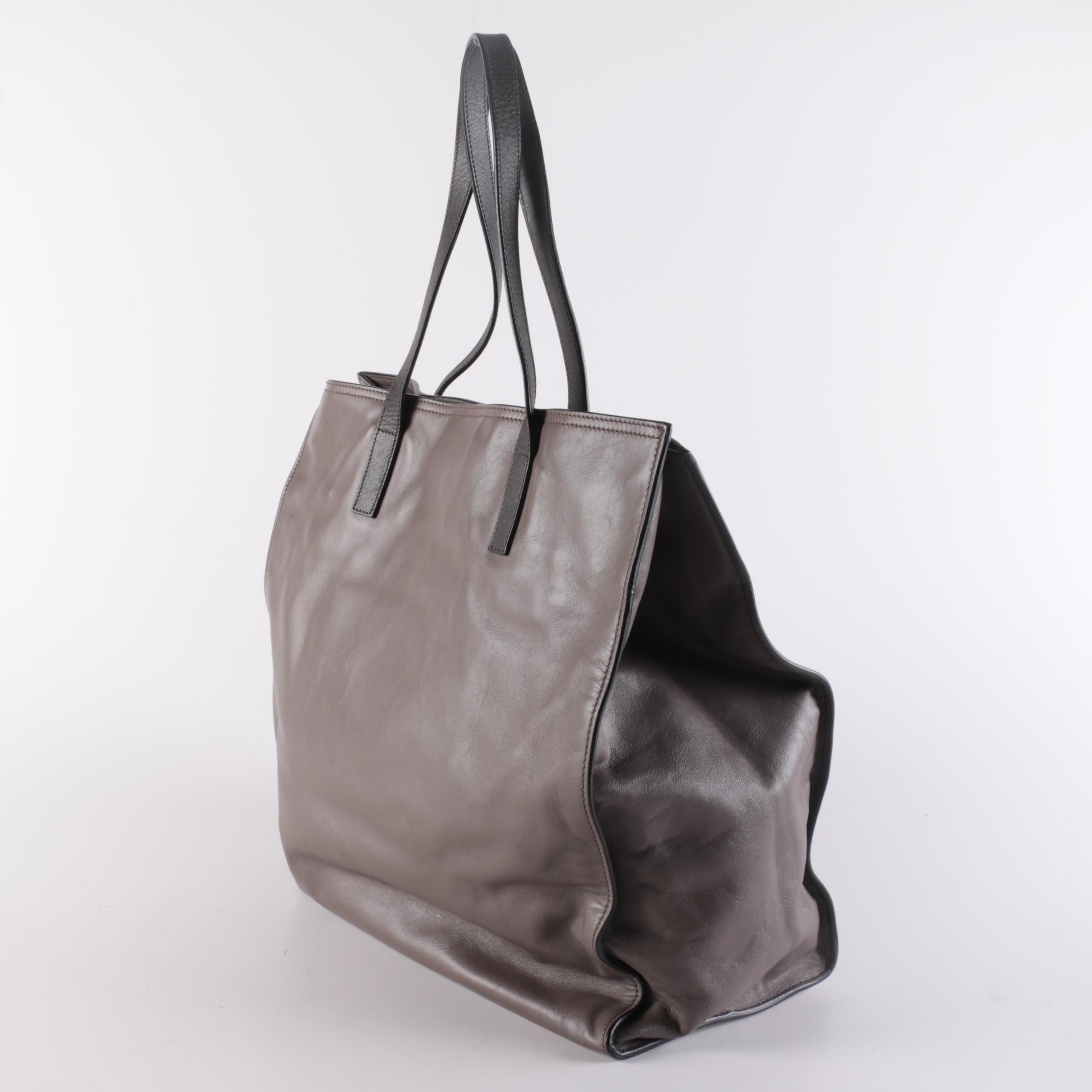 Prada Open Tote in Grey Calfskin Leather