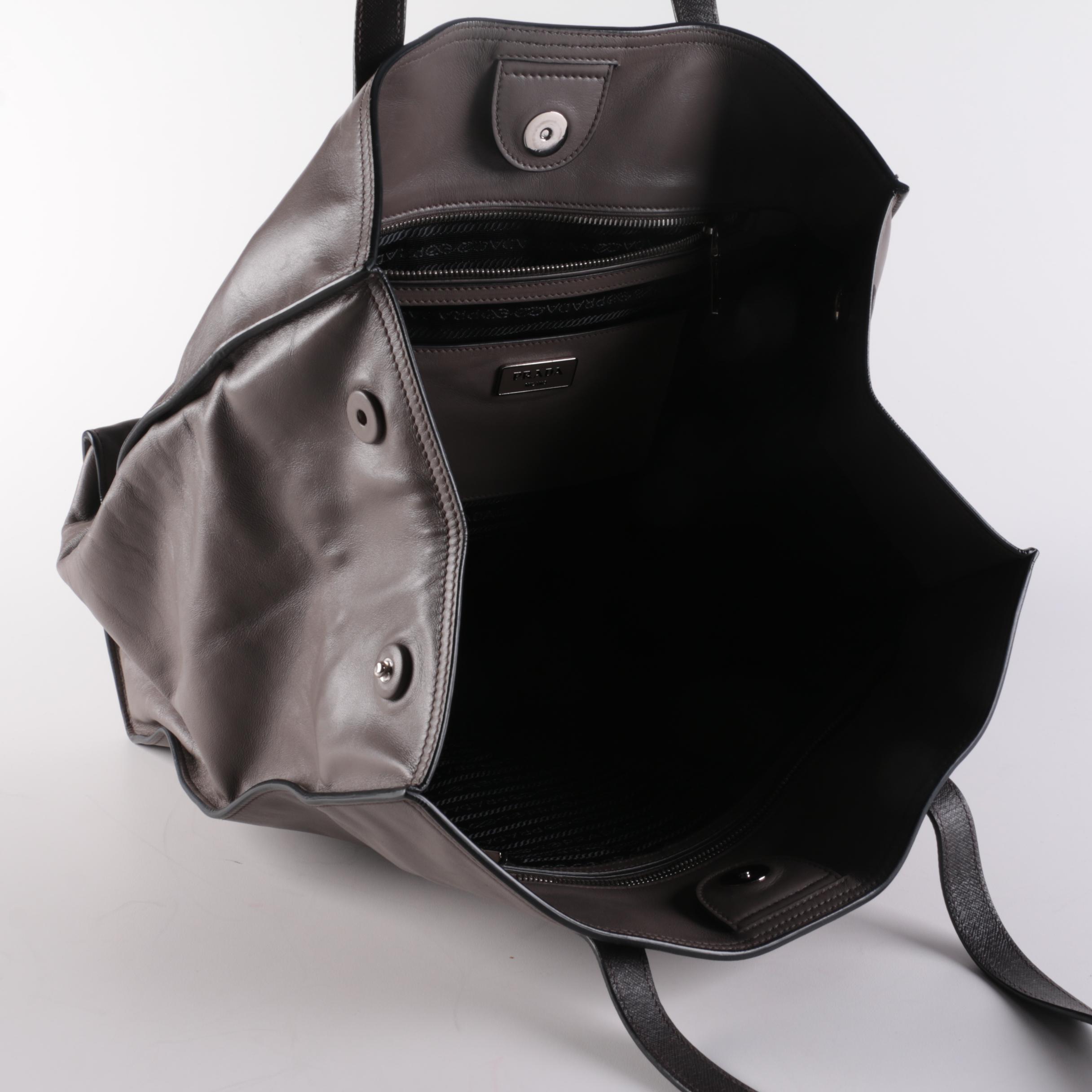 Prada Open Tote in Grey Calfskin Leather