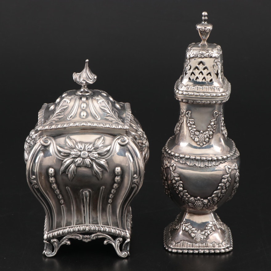 English Sterling Silver Tea Caddy and Sugar Caster, Early 20th Century