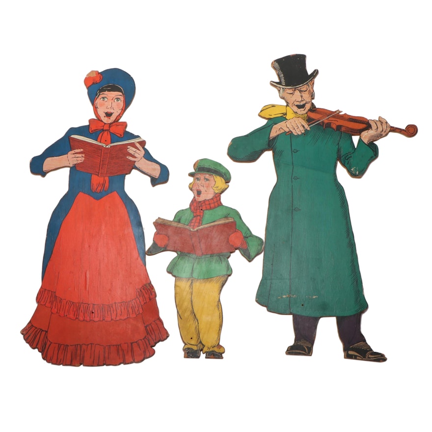 Large Wooden Christmas Caroler Cutouts, Mid-20th Century