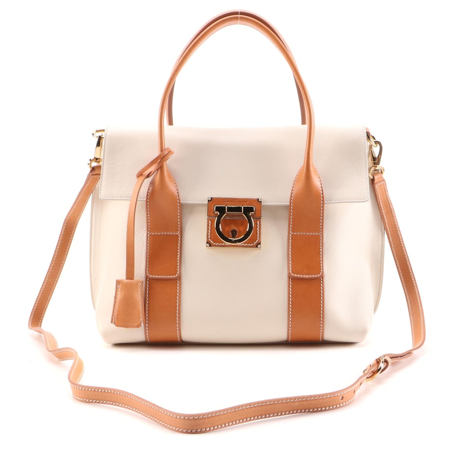 Salvatore Ferragamo Gancini Two-Way Handbag in Off-White and Tan Leather