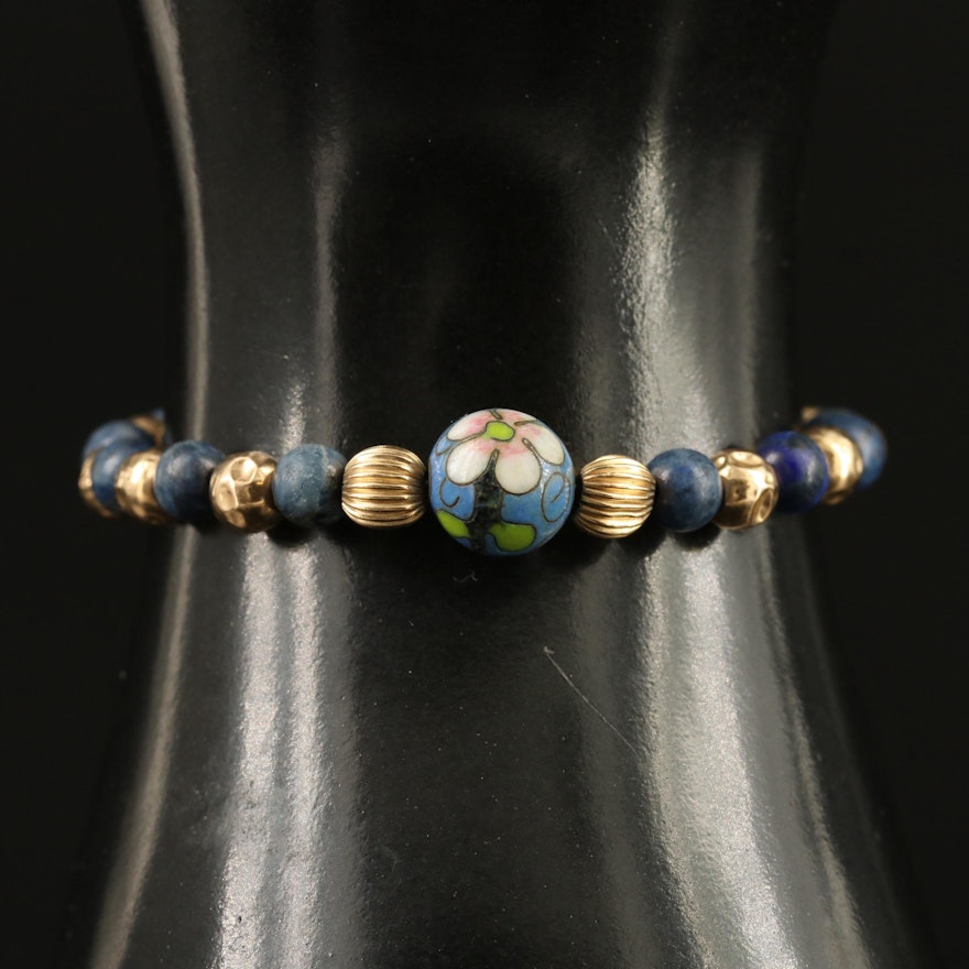 14K Cloisonné Glass Center and Lapis Lazuli Bead Bracelet