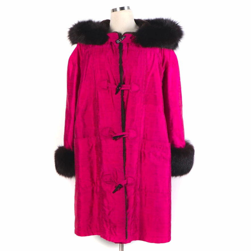 Koslow's Sheared Beaver Fur Lined Magenta Dupioni Jacket with Fox Fur Trim