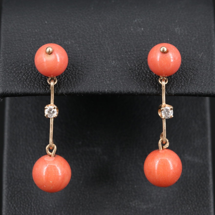 14K Diamond and Imitation Coral Dangle Earrings