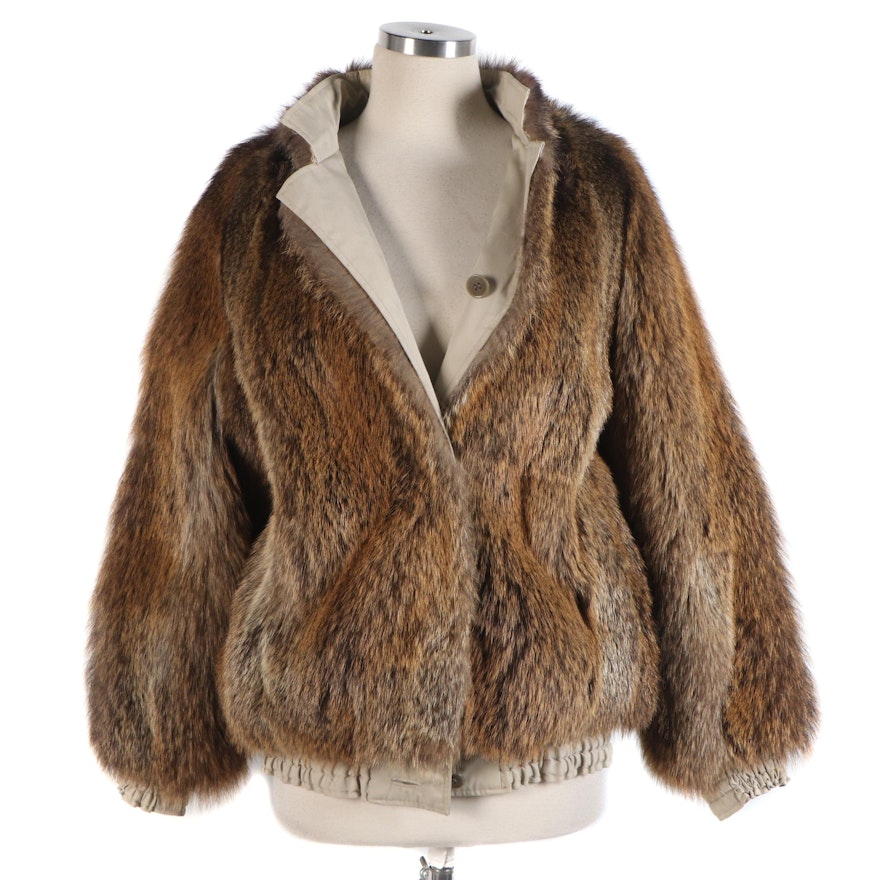 Reversible Coyote Fur and Khaki Bomber Jacket