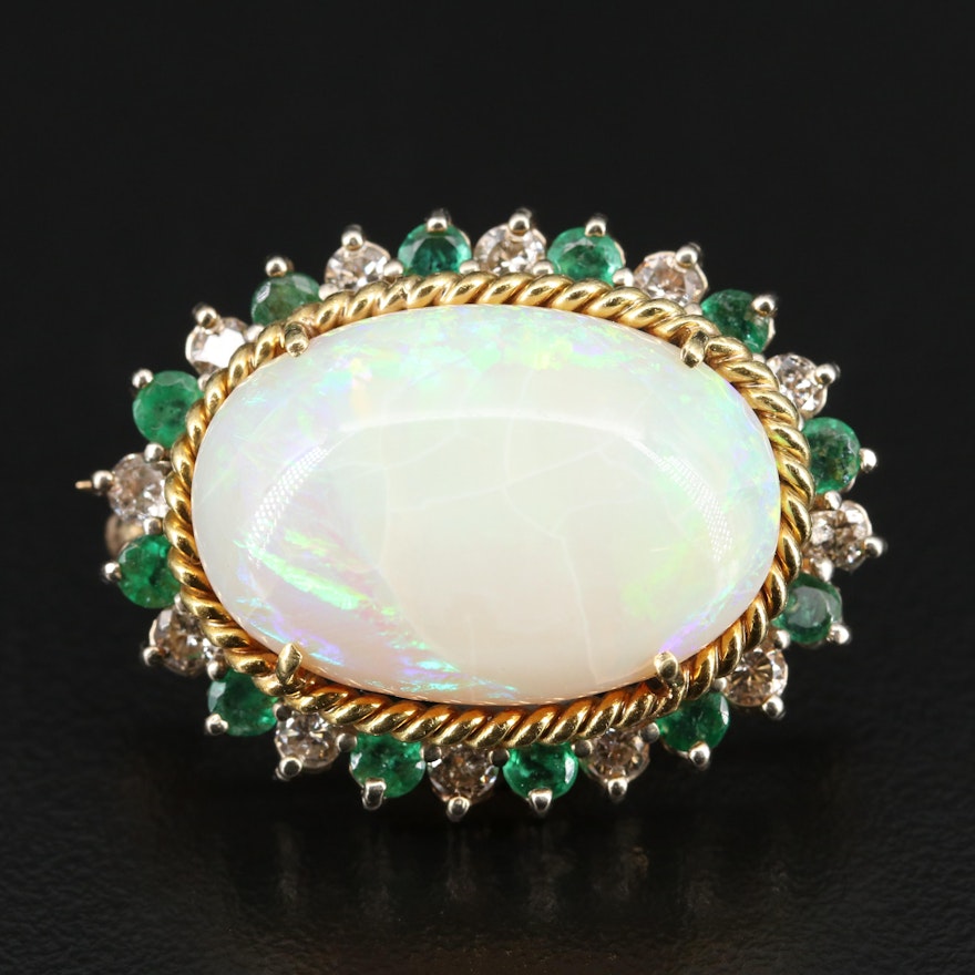 14K Opal, Emerald and 1.08 CTW Diamond Brooch