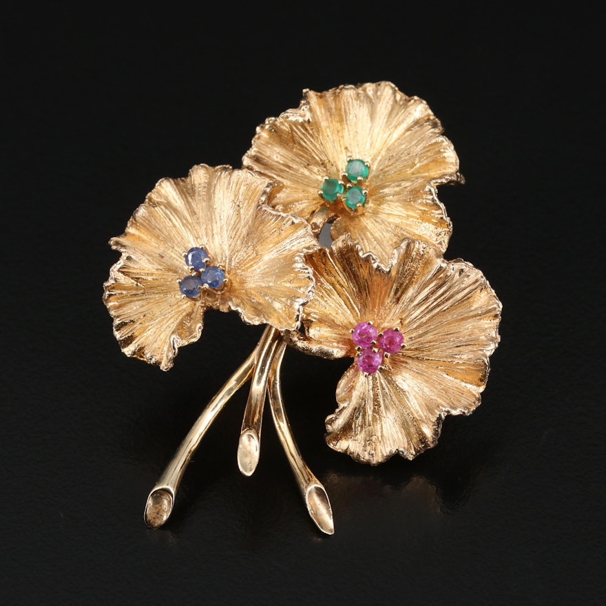 Vintage 14K Ruby, Sapphire and Chalcedony Floral  Brooch