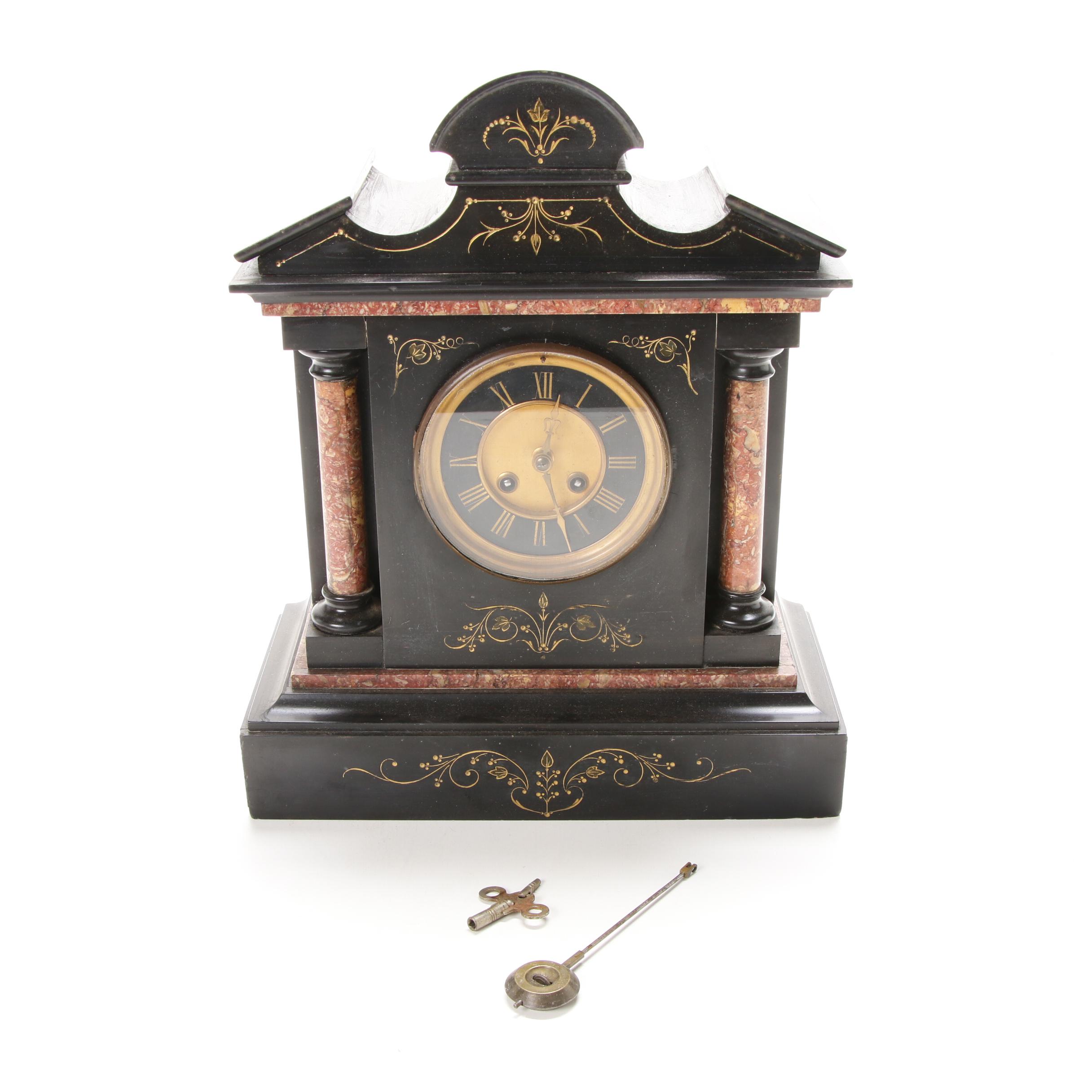 Fritz Marti French Slate and Marble Mantel Clock, Late 19th/Early 20th Century