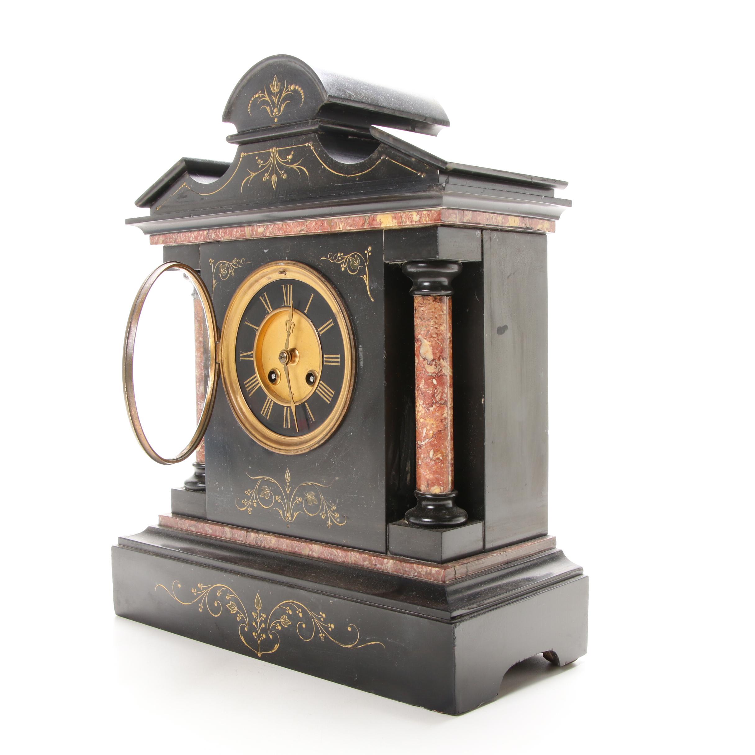 Fritz Marti French Slate and Marble Mantel Clock, Late 19th/Early 20th Century