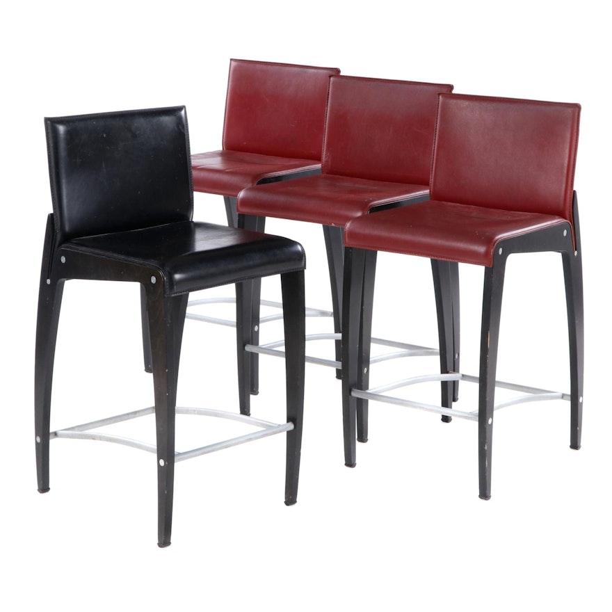 Four Arper Italian Contemporary Ebonized Wood and Bonded Leather Counter Stools