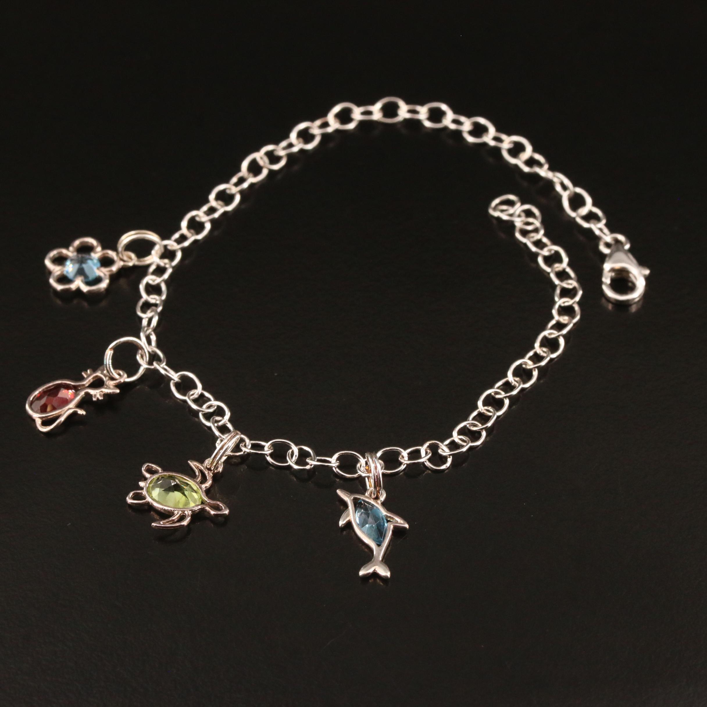 Sterling Silver Topaz, Peridot and Garnet Charm Bracelet