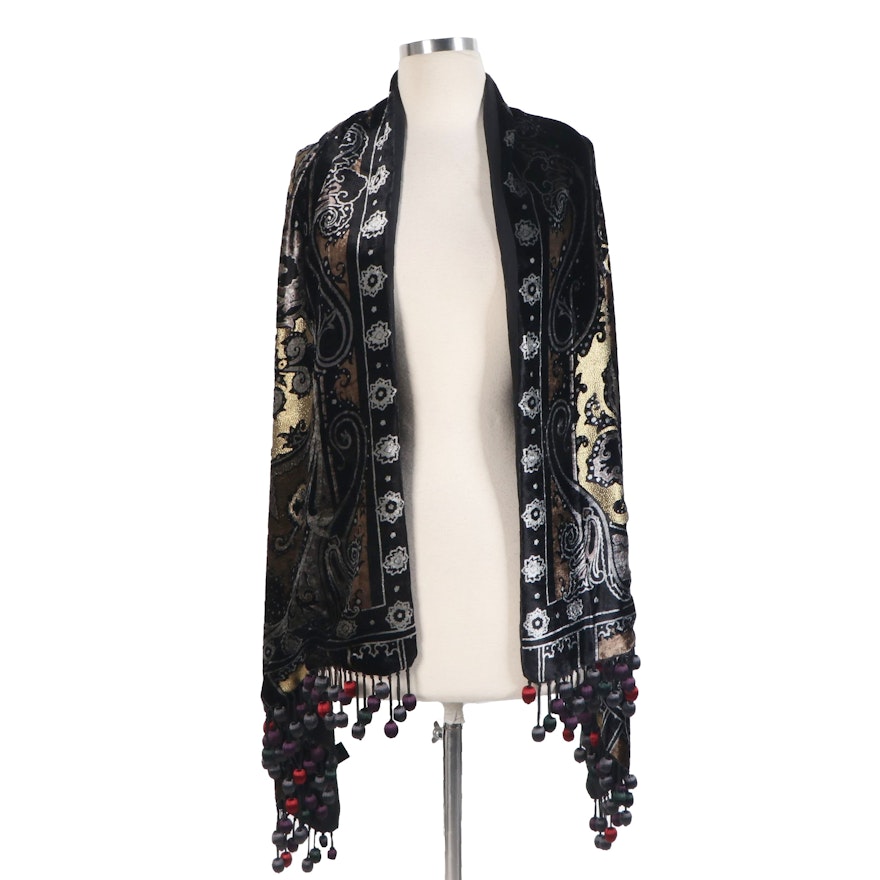 ETRO Fringed Shawl in Black Velvet with Metallic Gold Thread