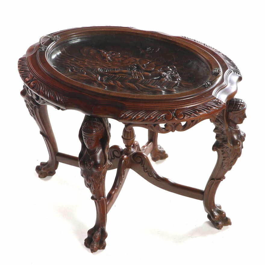 Carved Walnut and Beveled Glass Tray-Top Side Table, Probably Italian