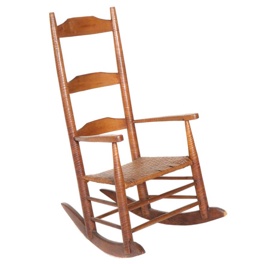Tiger Maple Rocking Chair with Woven Strip Seat, 19th Century