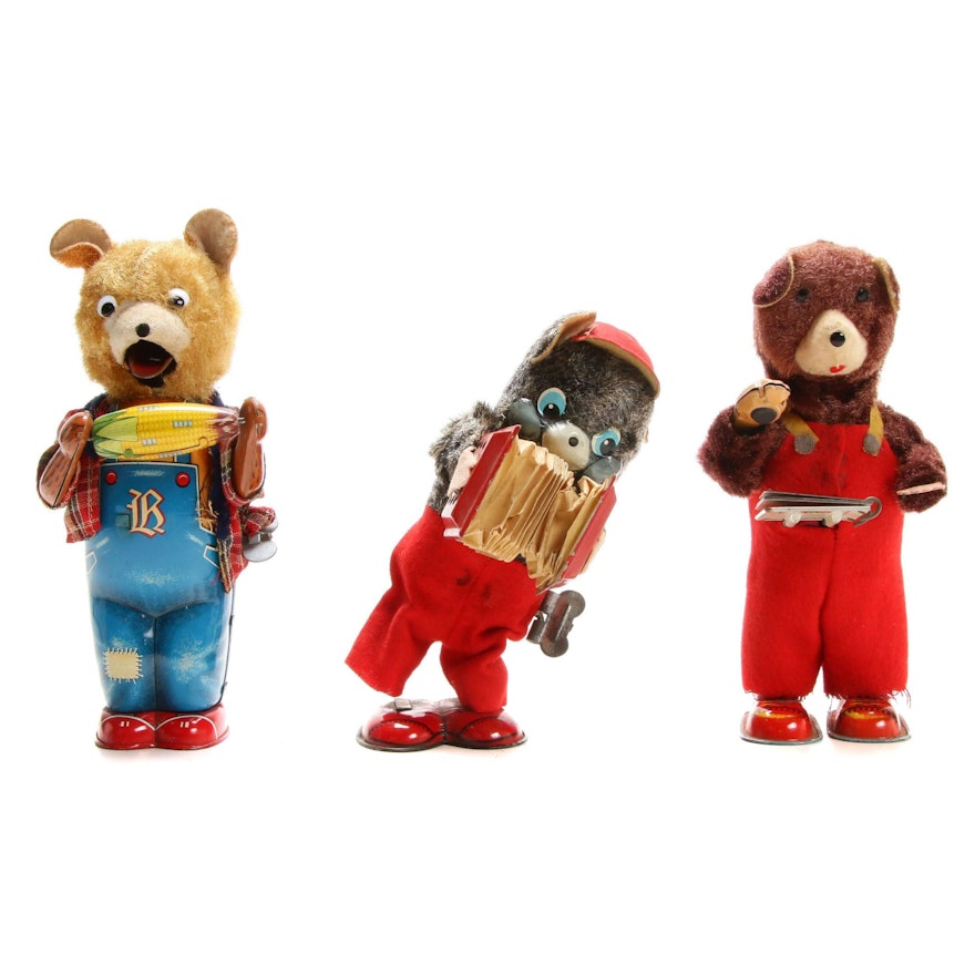 Tin Celluloid Wind-Up Bear Toys, Mid-20th Century
