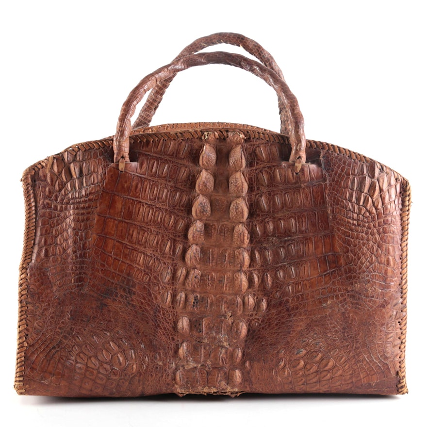 Braided Hornback Alligator Skin Domed Satchel, Vintage