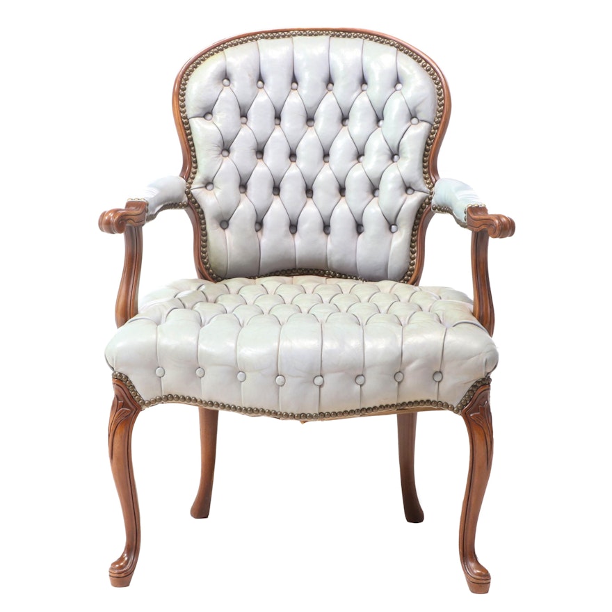 Hickory Chair Co. French Provincial Style Walnut and Tufted Leather Fauteuil