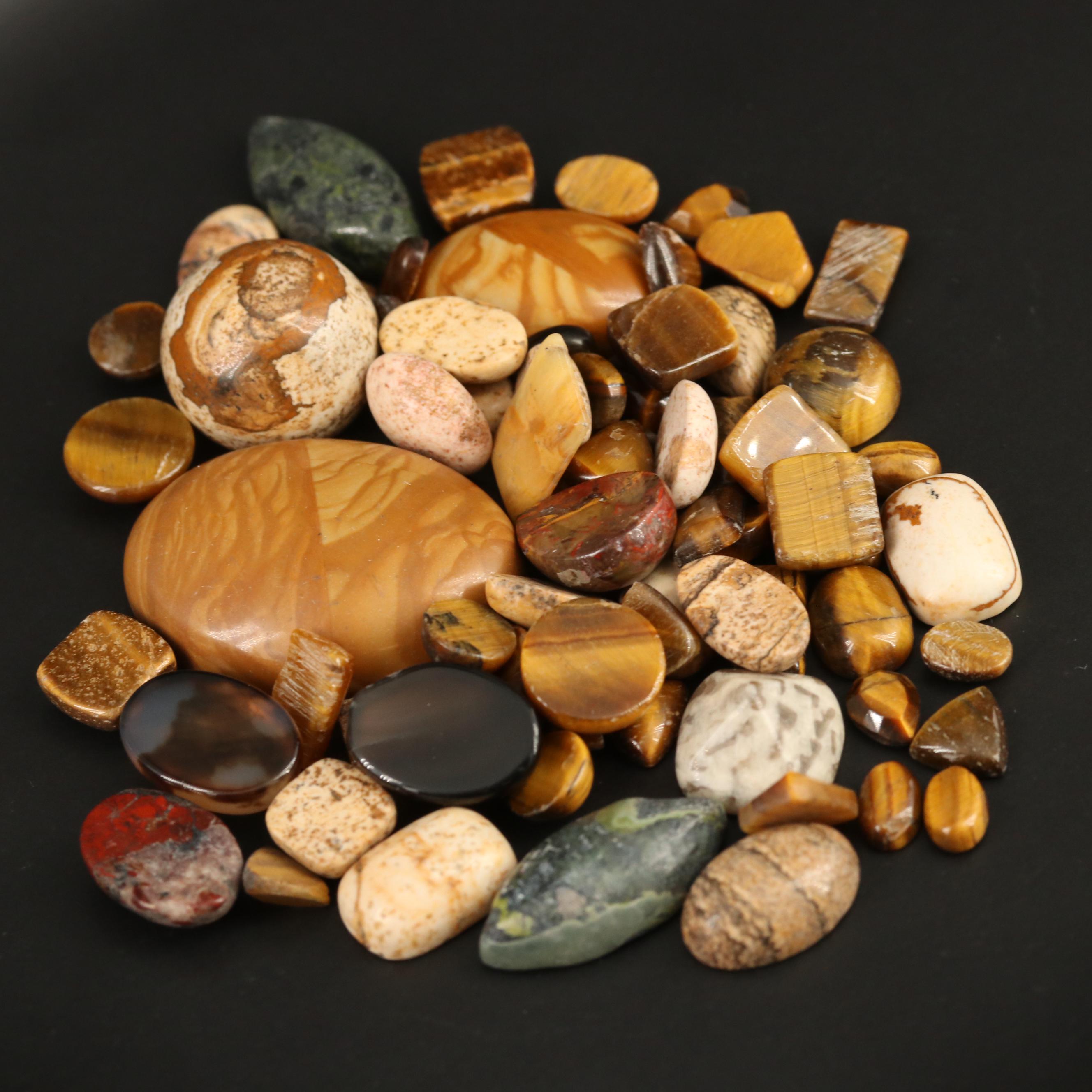 Loose Mixed Cabochons and Tablets Featuring Tiger's Eye, Jasper and Agate
