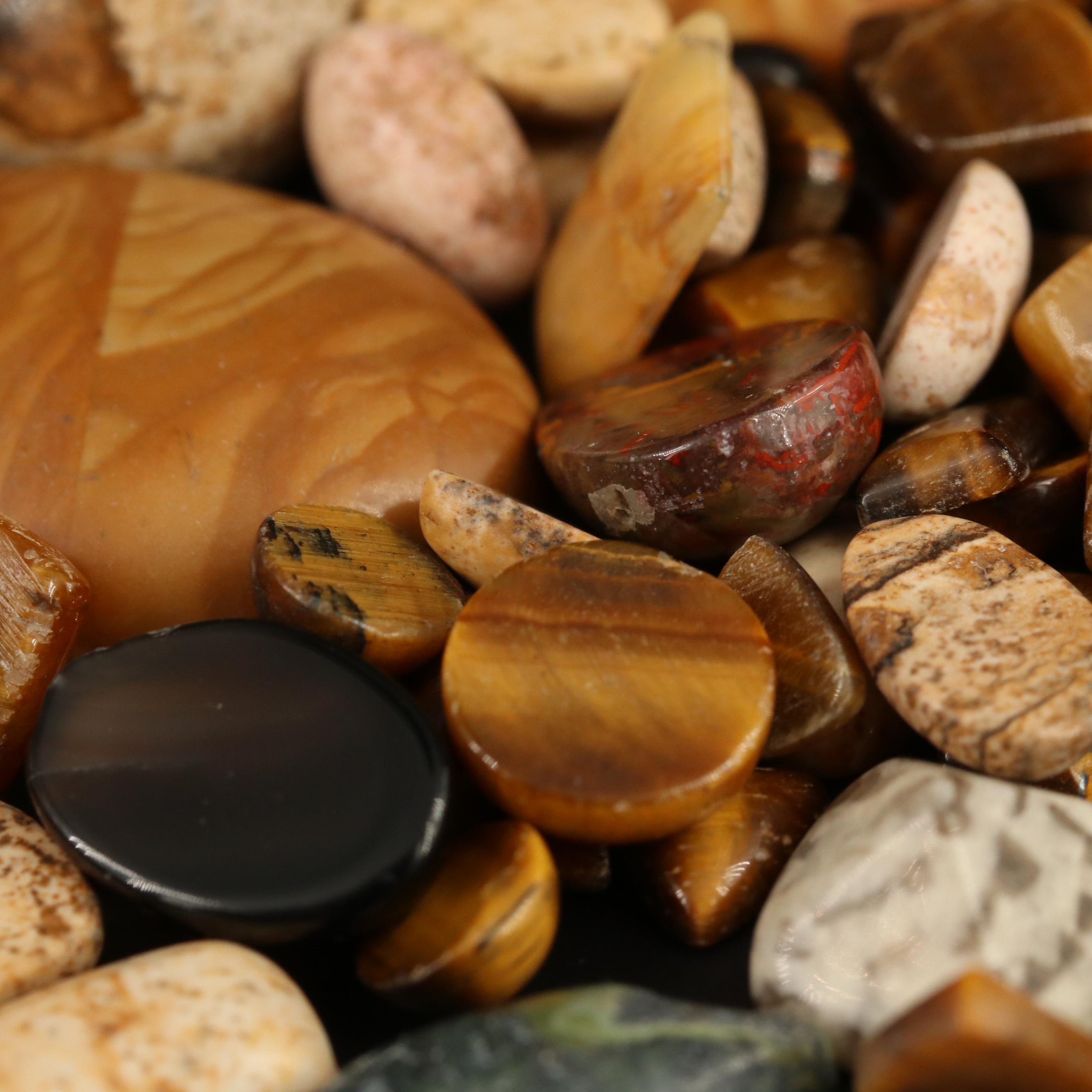 Loose Mixed Cabochons and Tablets Featuring Tiger's Eye, Jasper and Agate
