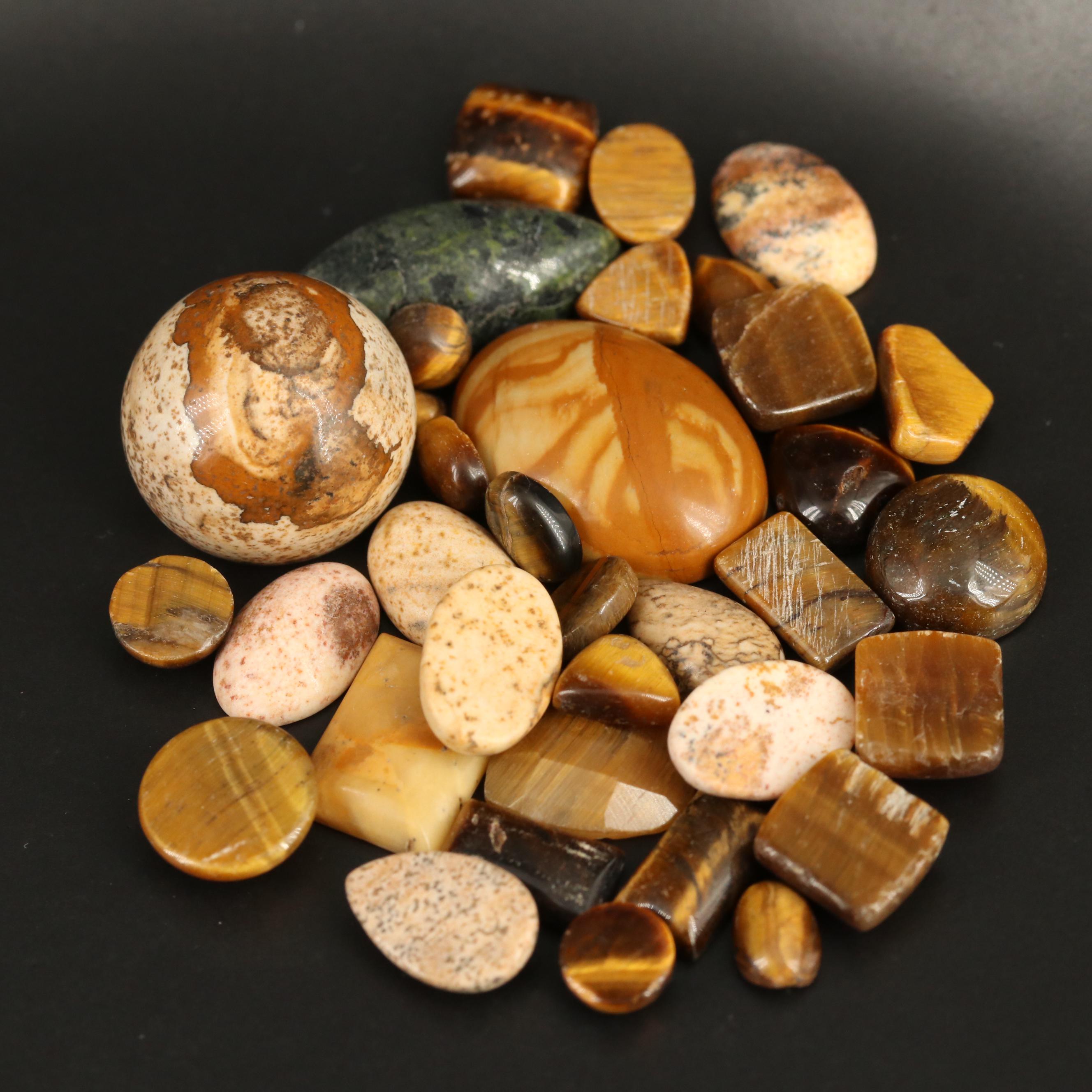 Loose Mixed Cabochons and Tablets Featuring Tiger's Eye, Jasper and Agate