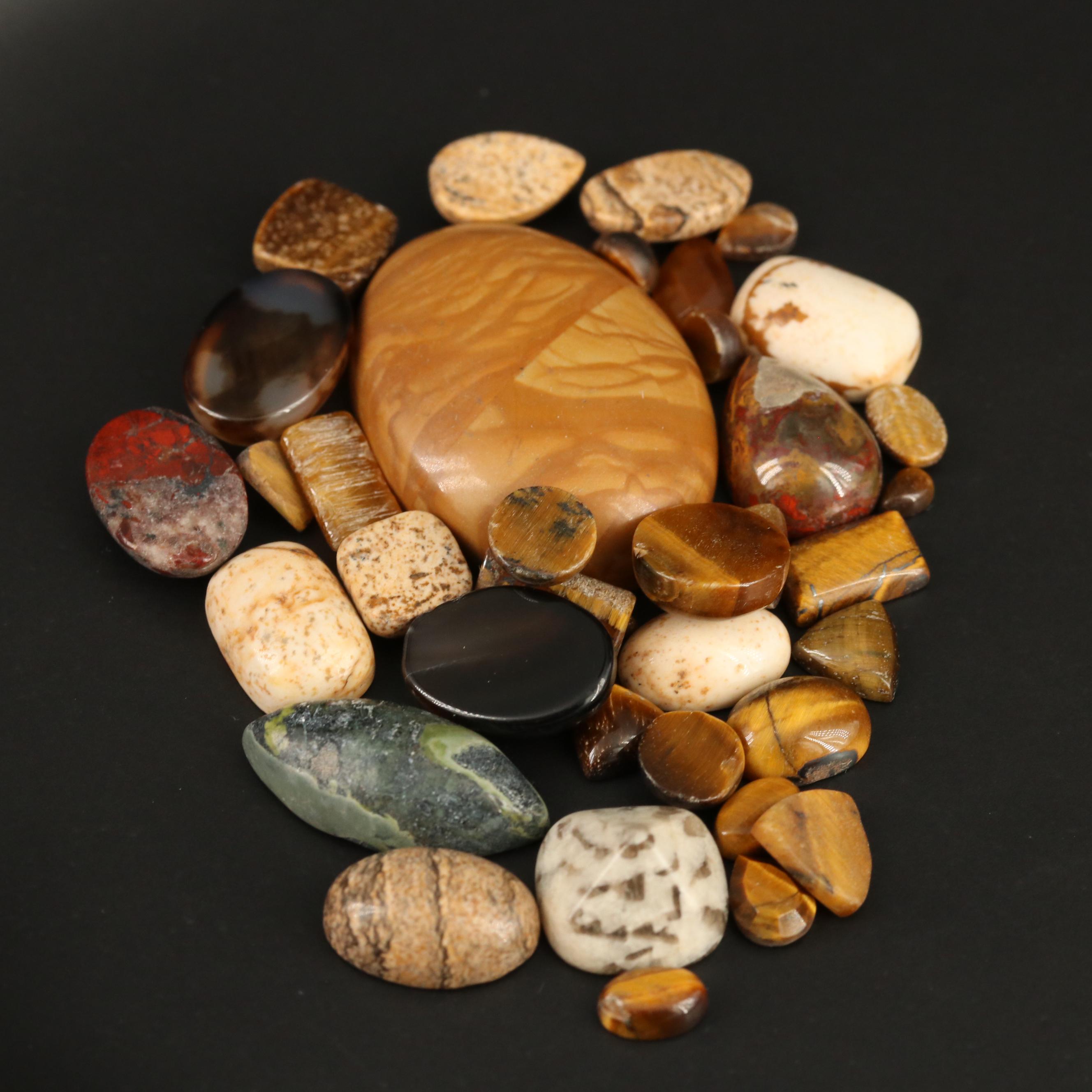 Loose Mixed Cabochons and Tablets Featuring Tiger's Eye, Jasper and Agate