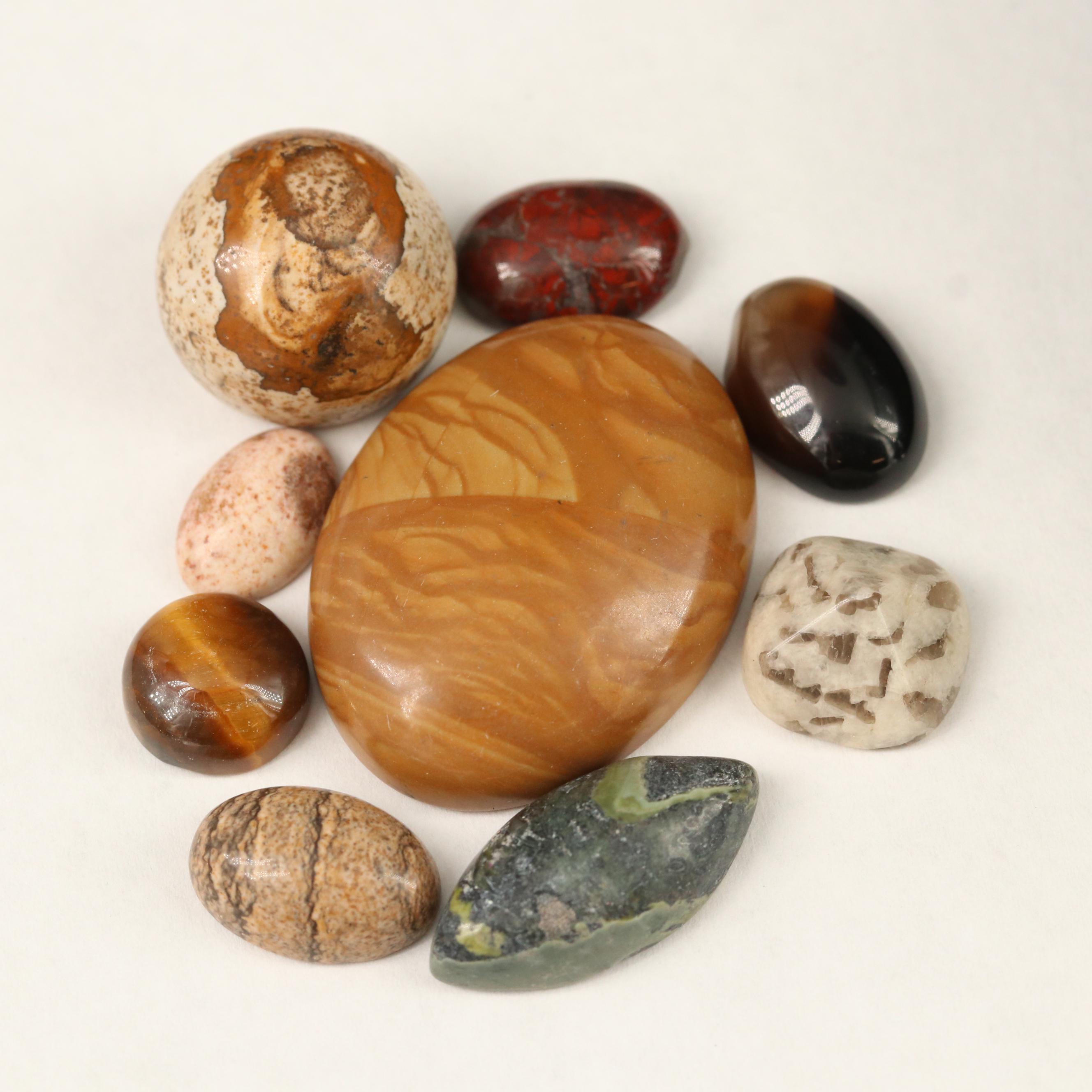 Loose Mixed Cabochons and Tablets Featuring Tiger's Eye, Jasper and Agate
