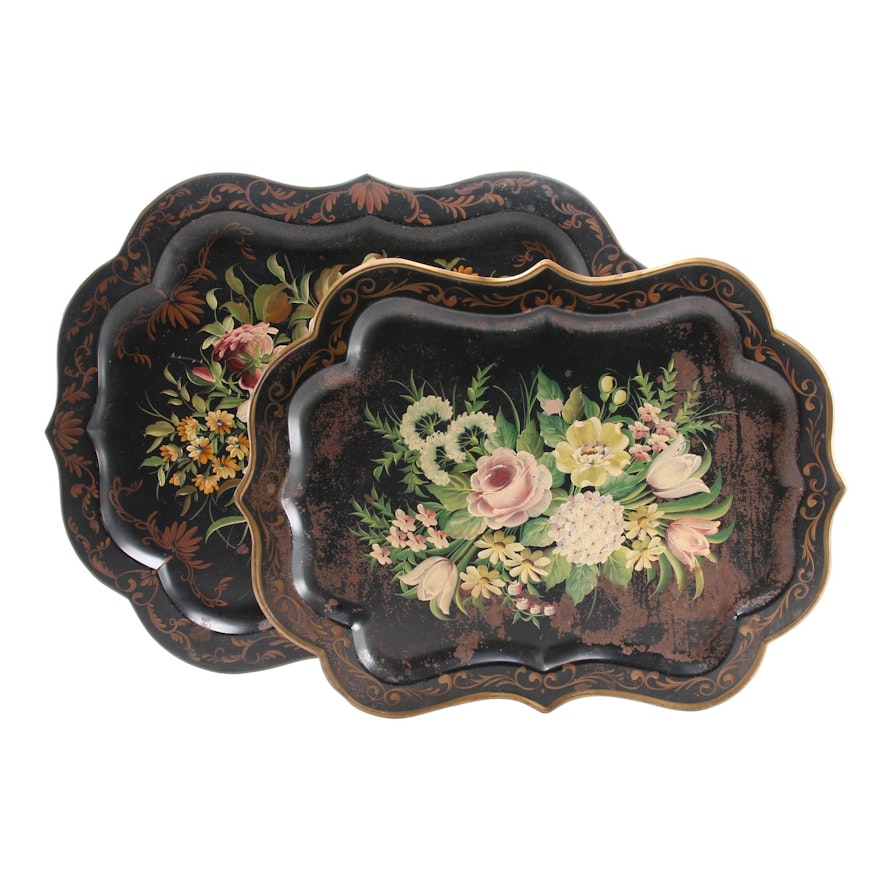 Pilgrim Art Hand-Painted Scalloped Tole Trays, Early to Mid 20th Century