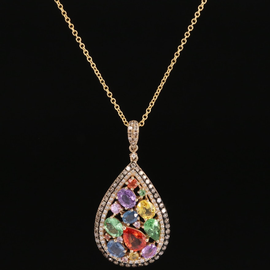 EFFY 14K Sapphire, Tsavorite and Diamond Teardrop Cluster Pendant Necklace