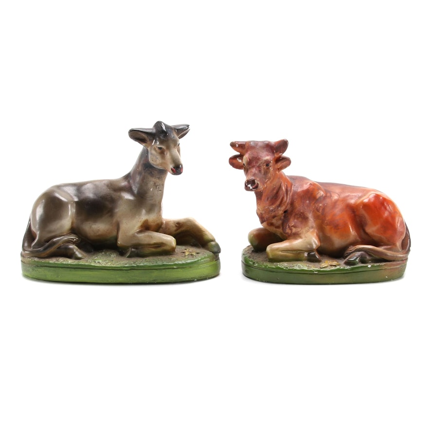 Chalkware Donkey and Oxen Nativity Figurines