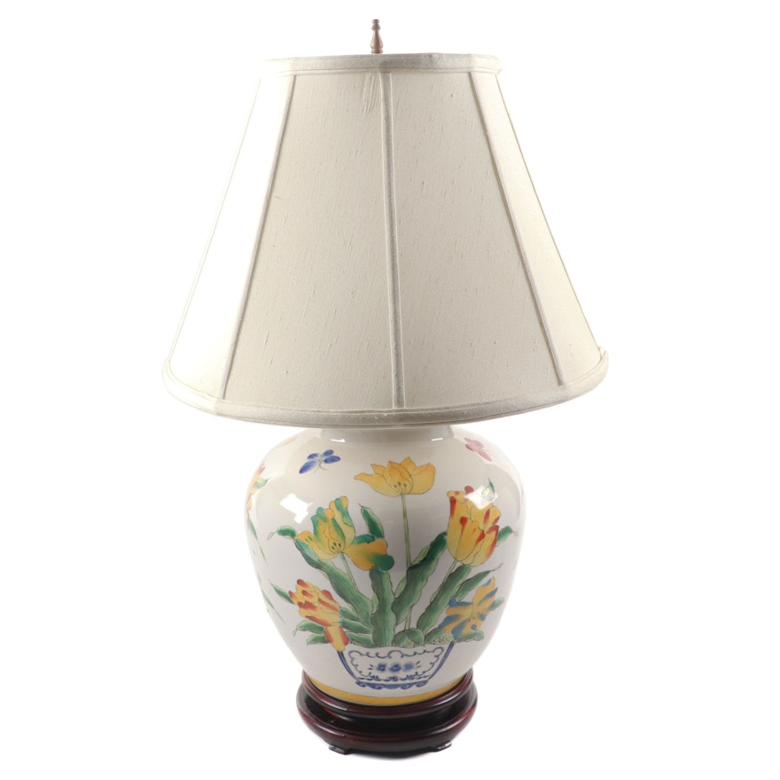 Delft Style Polychrome Ceramic Table Lamp With Linen Lampshade