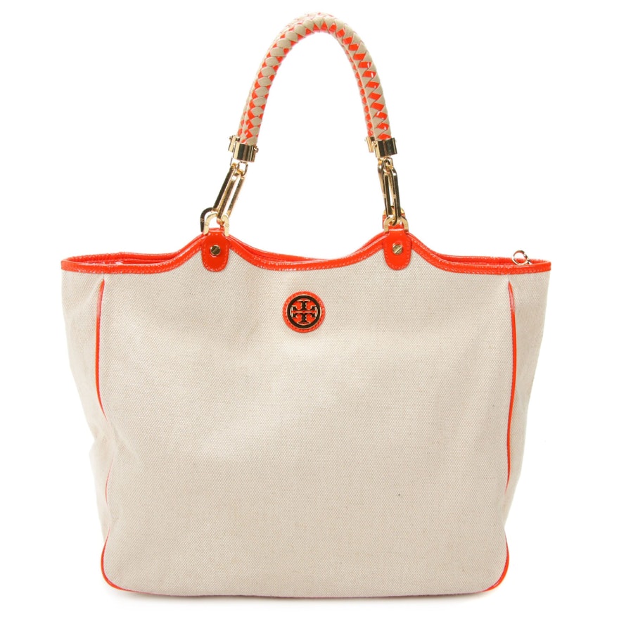 Tory Burch Tote in Canvas and Orange Patent Leather