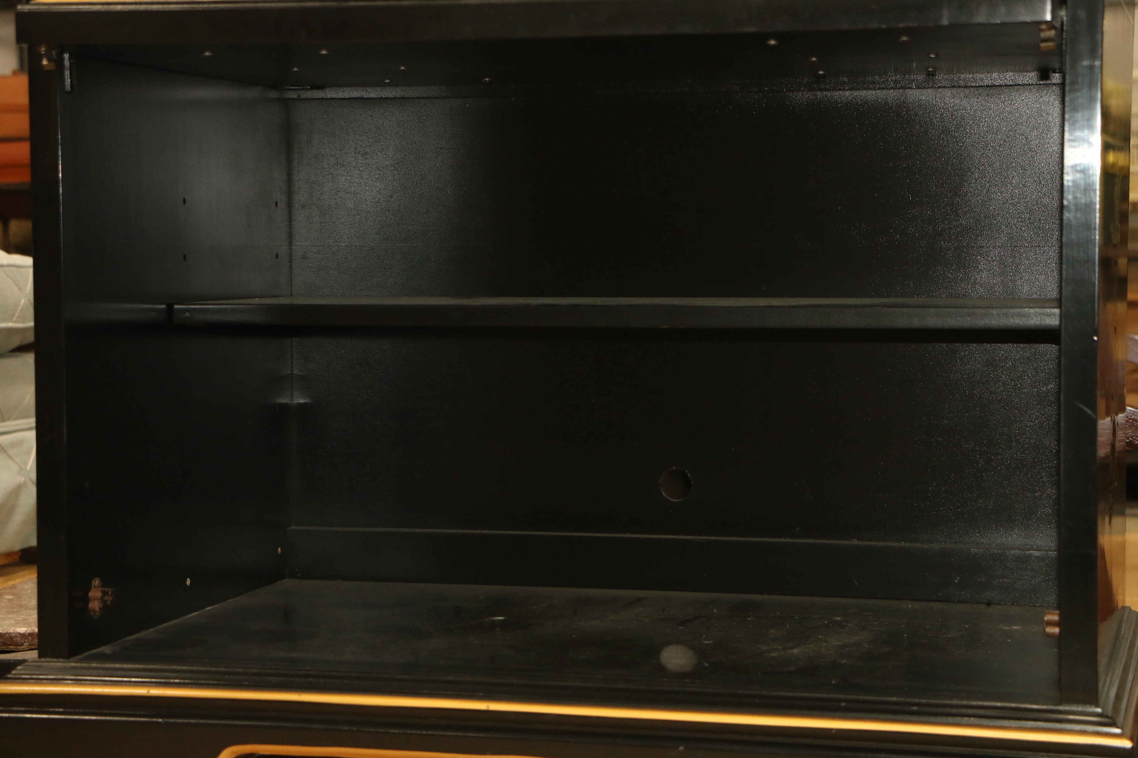 Ethan Allen Black-Lacquered, Parcel-Gilt, & Chinoiserie-Decorated Media Cabinet