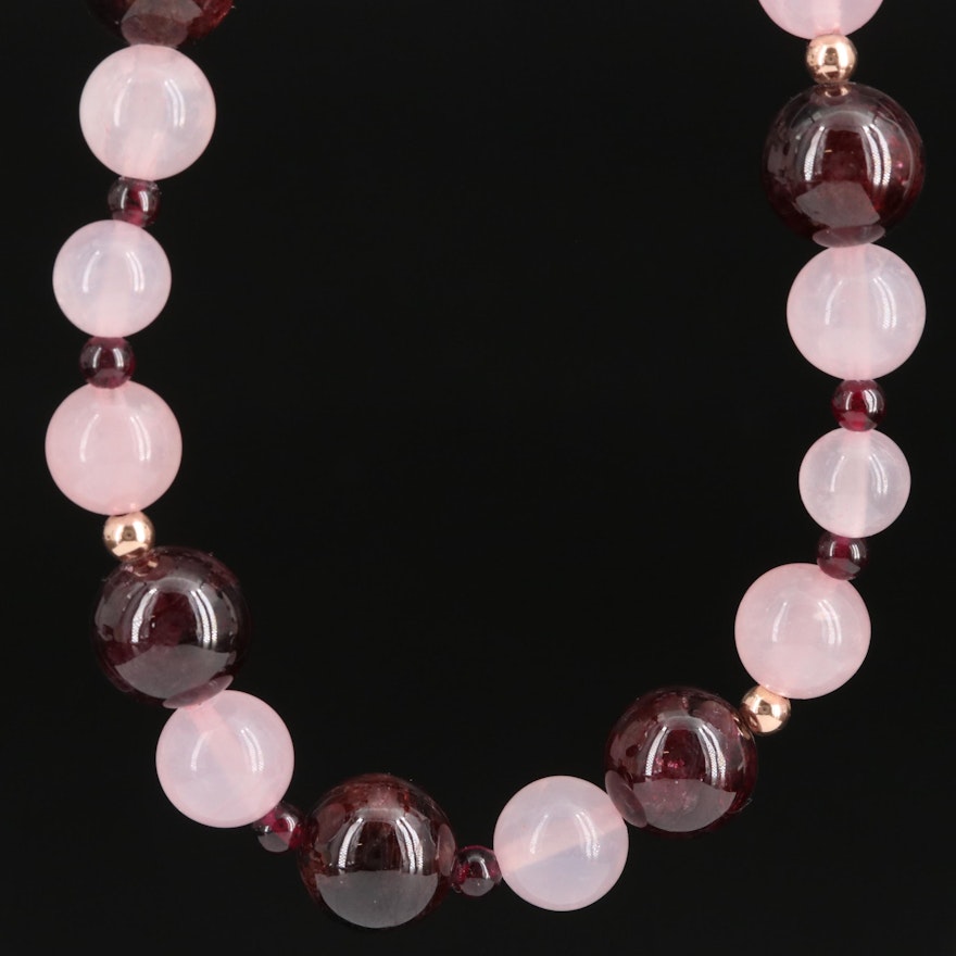 Garnet and Rose Quartz Beaded Necklace with 14K Gold Filled Clasp