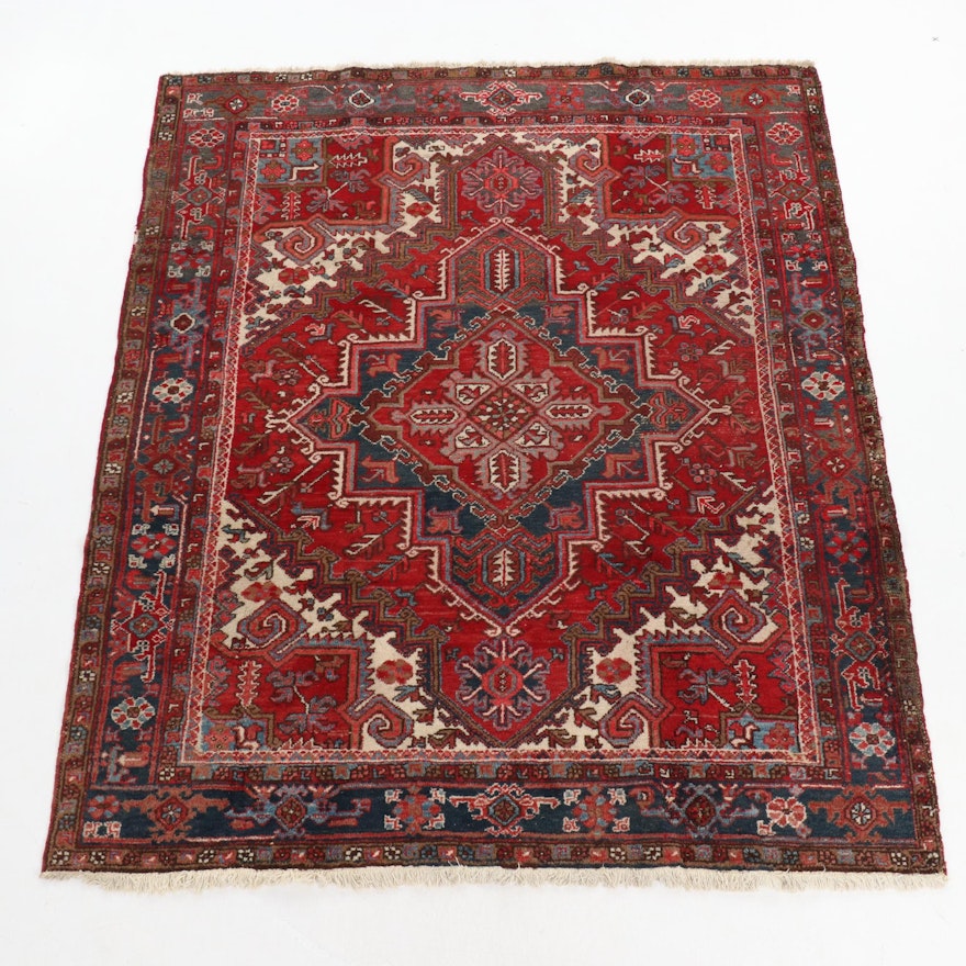 7'4 x 9'2 Hand-Knotted Persian Heriz Rug, 1930s