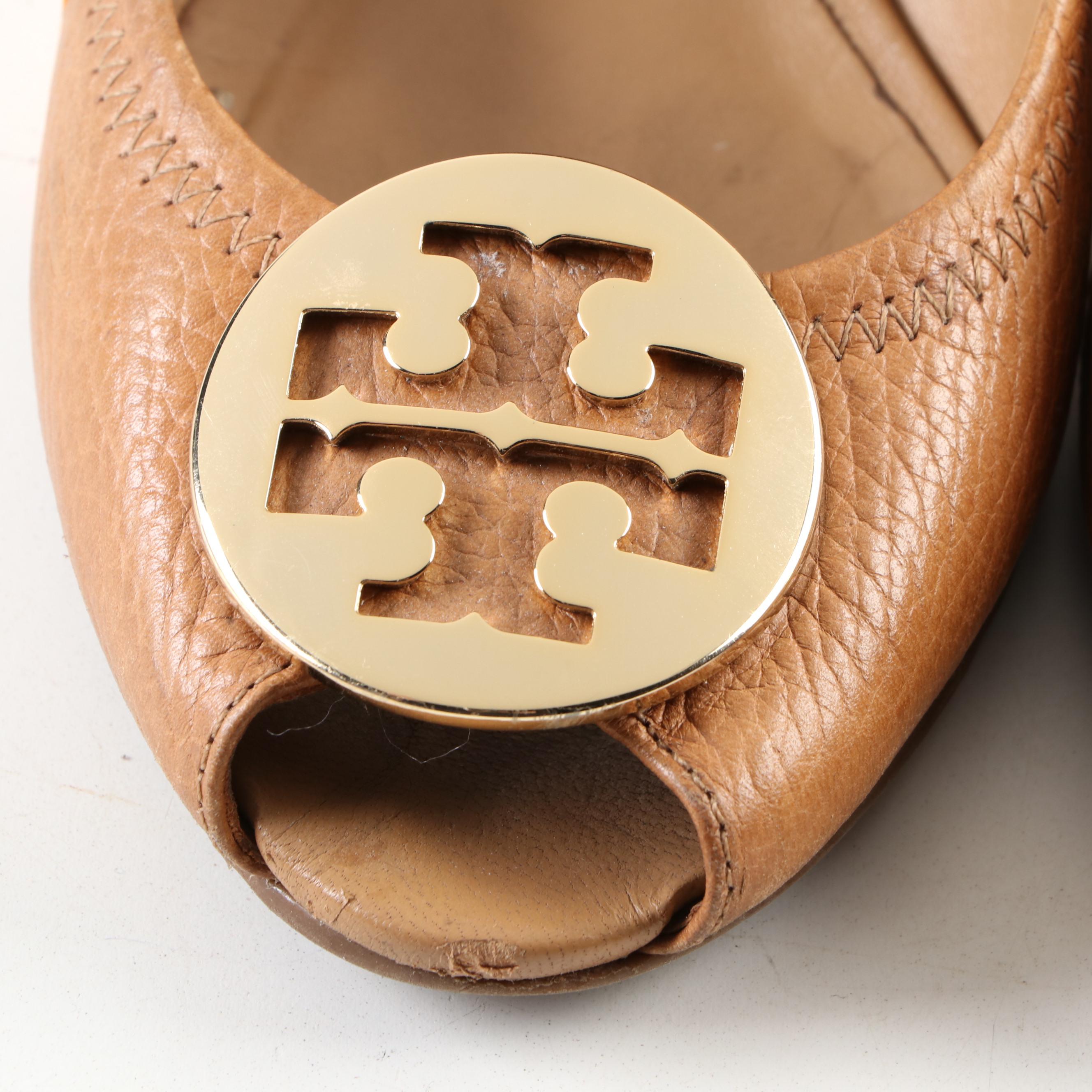 Tory Burch Sally 2 Peep Toe Wedge Pumps in Tan Leather