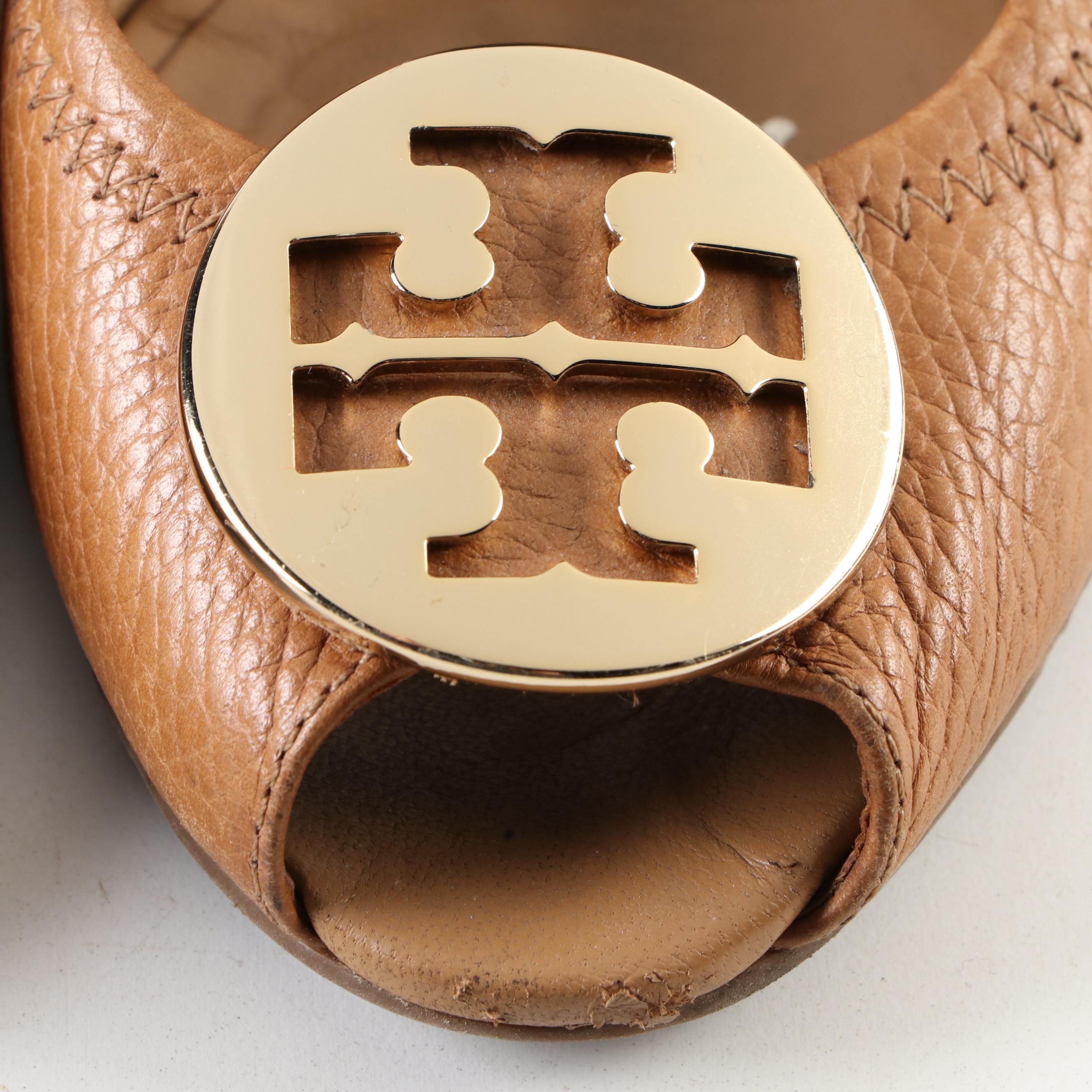 Tory Burch Sally 2 Peep Toe Wedge Pumps in Tan Leather