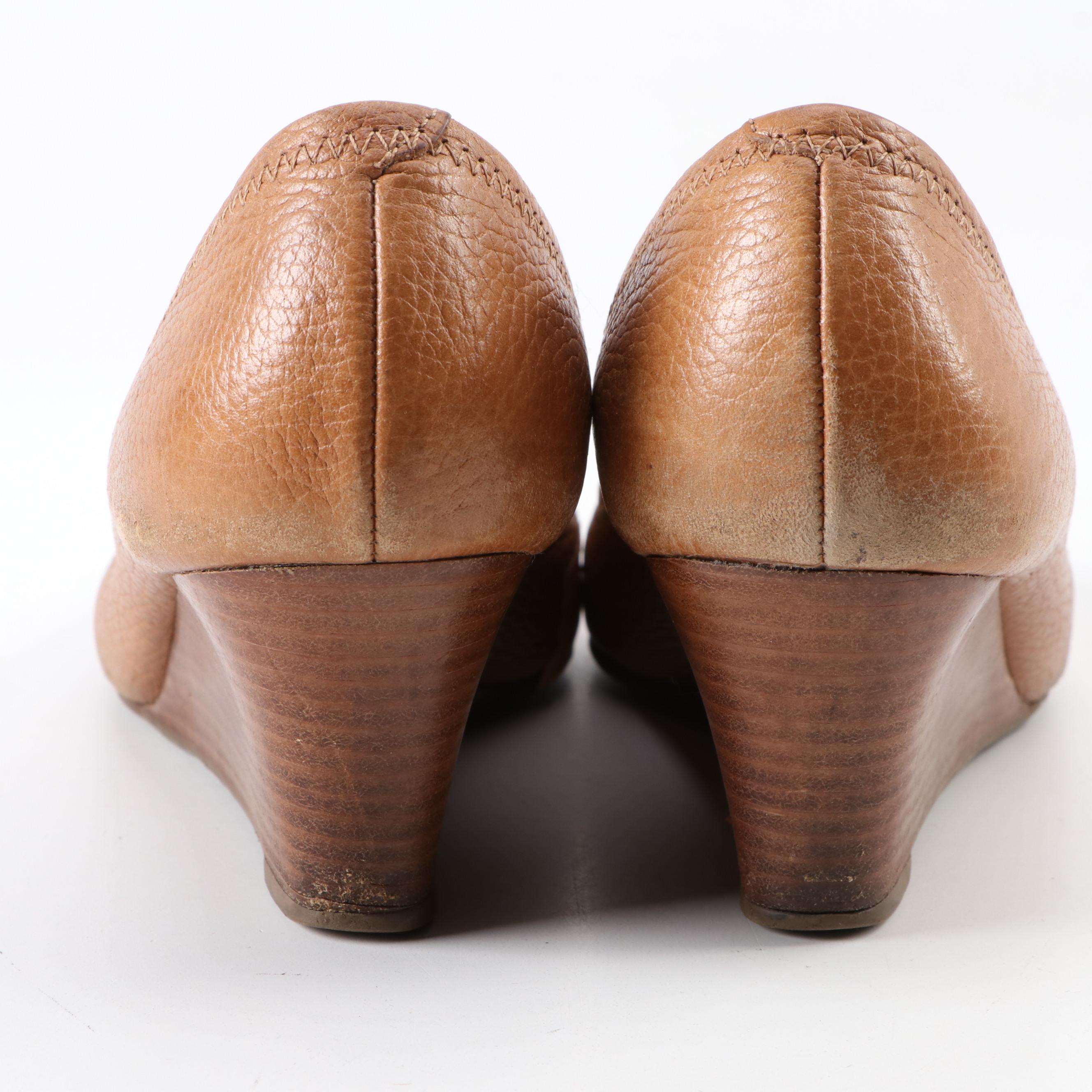 Tory Burch Sally 2 Peep Toe Wedge Pumps in Tan Leather