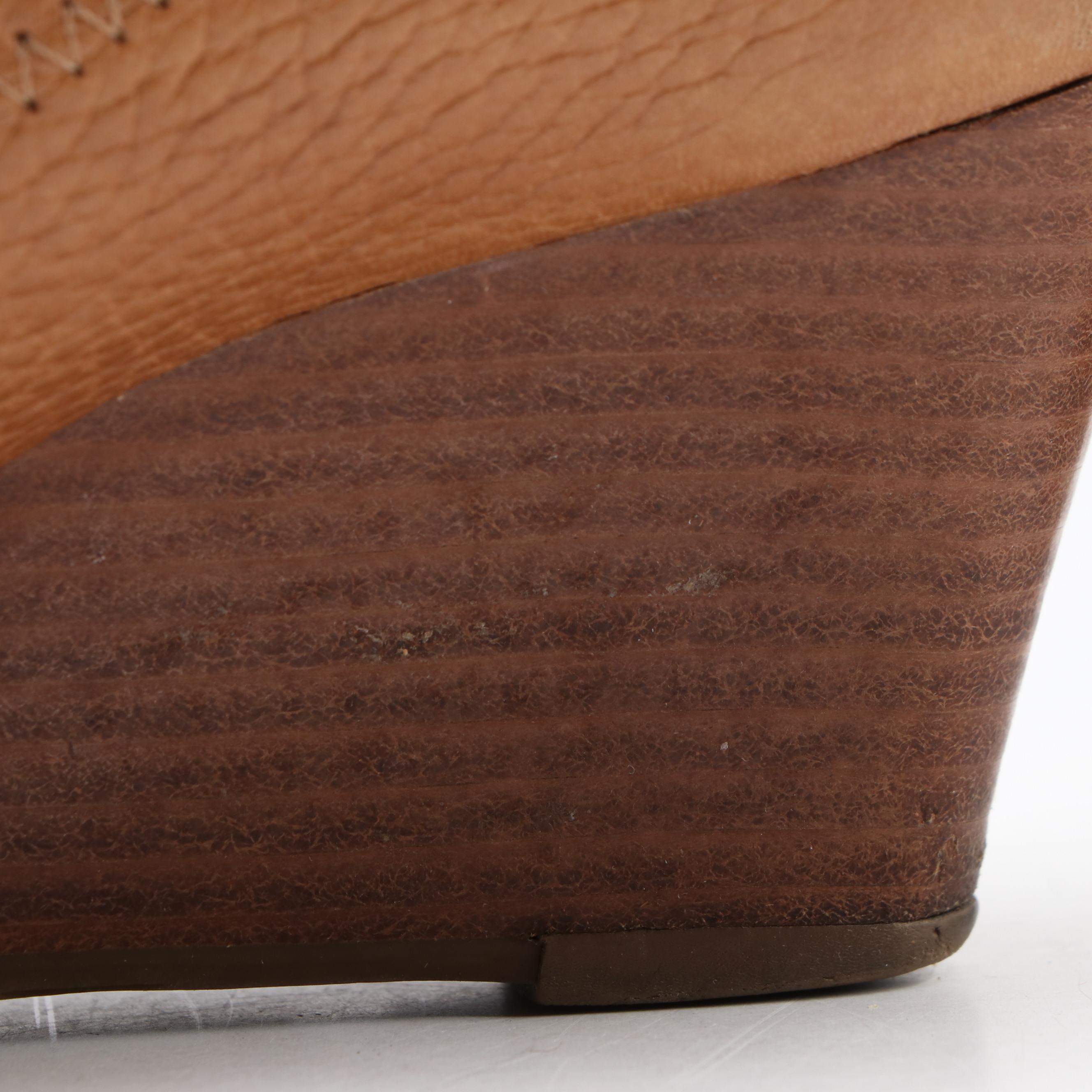 Tory Burch Sally 2 Peep Toe Wedge Pumps in Tan Leather