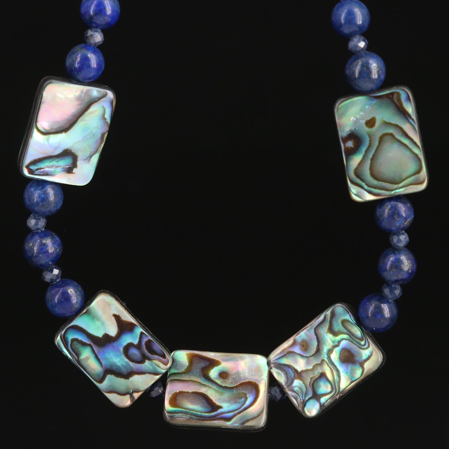 Sterling Silver Beaded Abalone, Lapis Lazuli and Sapphire Necklace