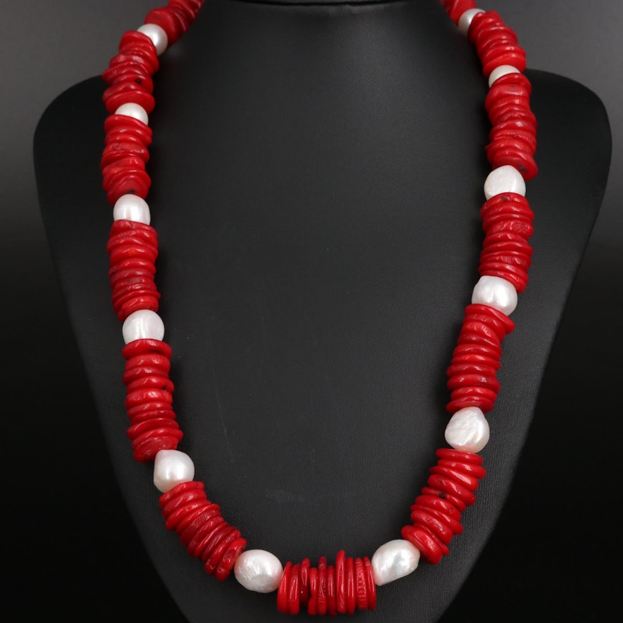 Pearl and Coral Strand Necklace with Sterling Clasp