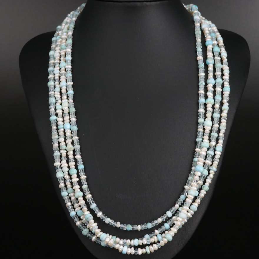 Pearl, Larimar and Aquamarine Multi-Strand Necklace