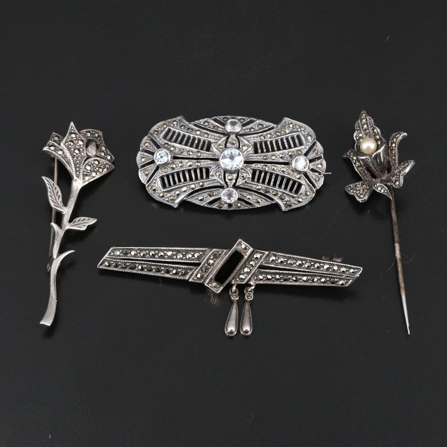 Art Deco Style Sterling Topaz, Marcasite and Black Onyx Brooches and Stick Pin