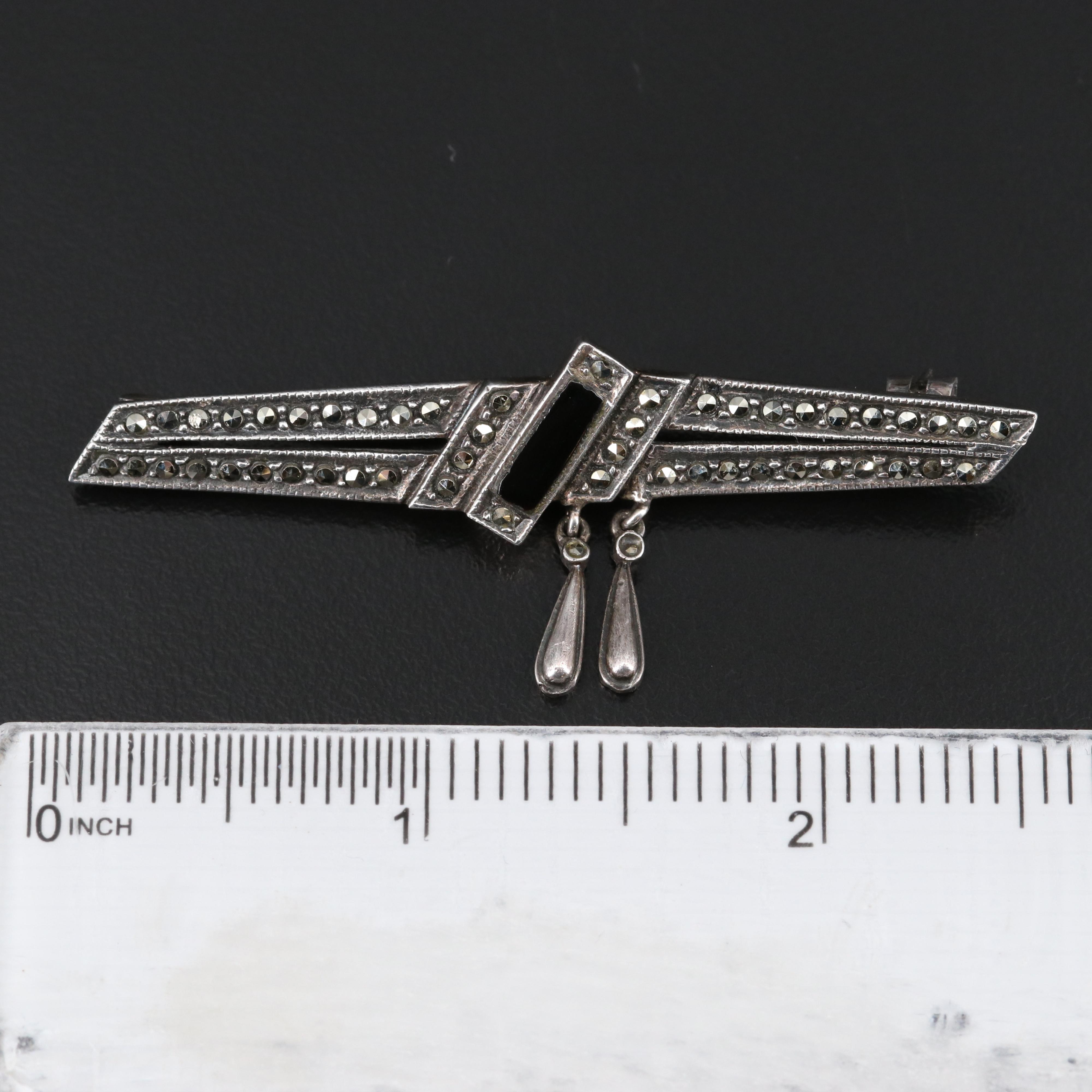 Art Deco Style Sterling Topaz, Marcasite and Black Onyx Brooches and Stick Pin