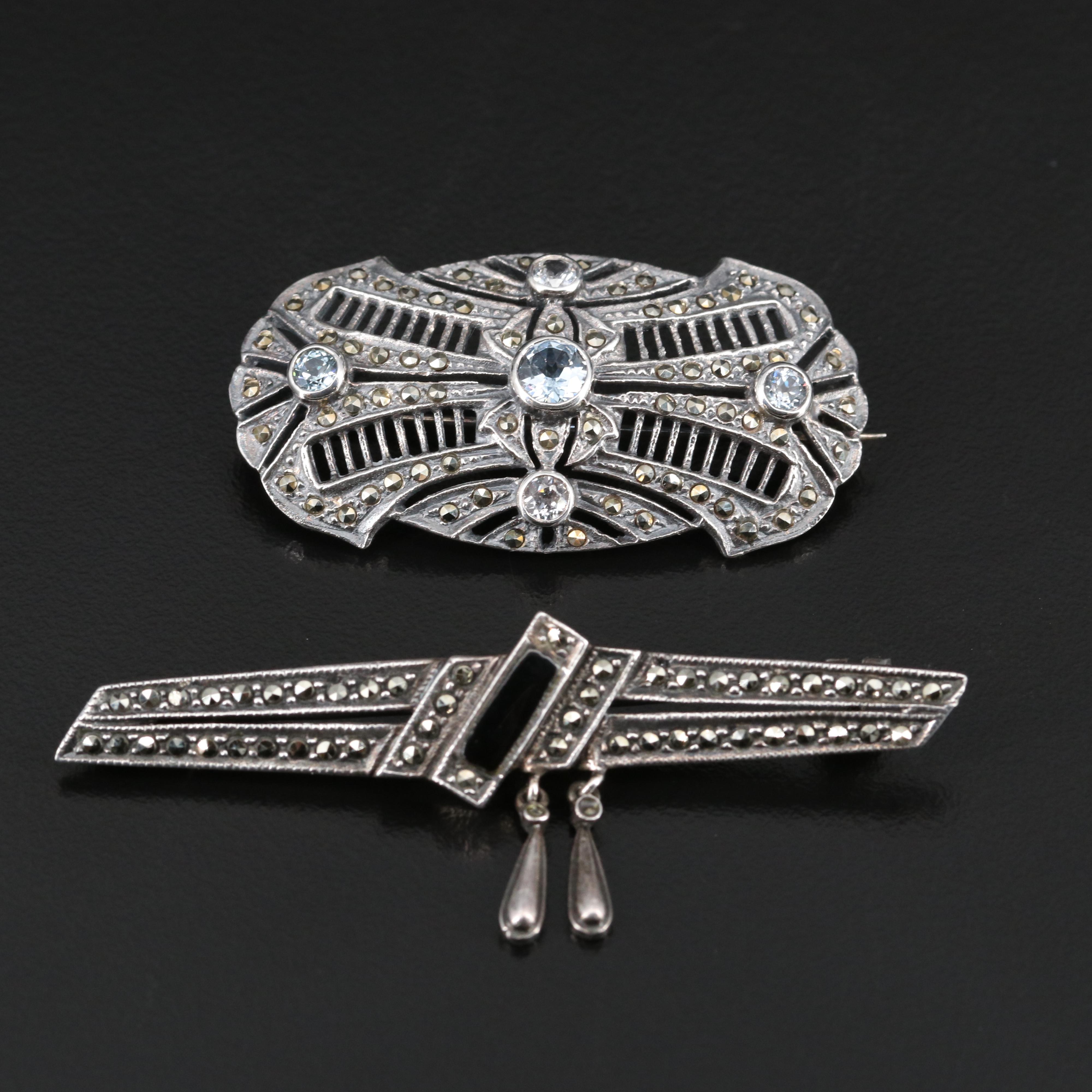 Art Deco Style Sterling Topaz, Marcasite and Black Onyx Brooches and Stick Pin
