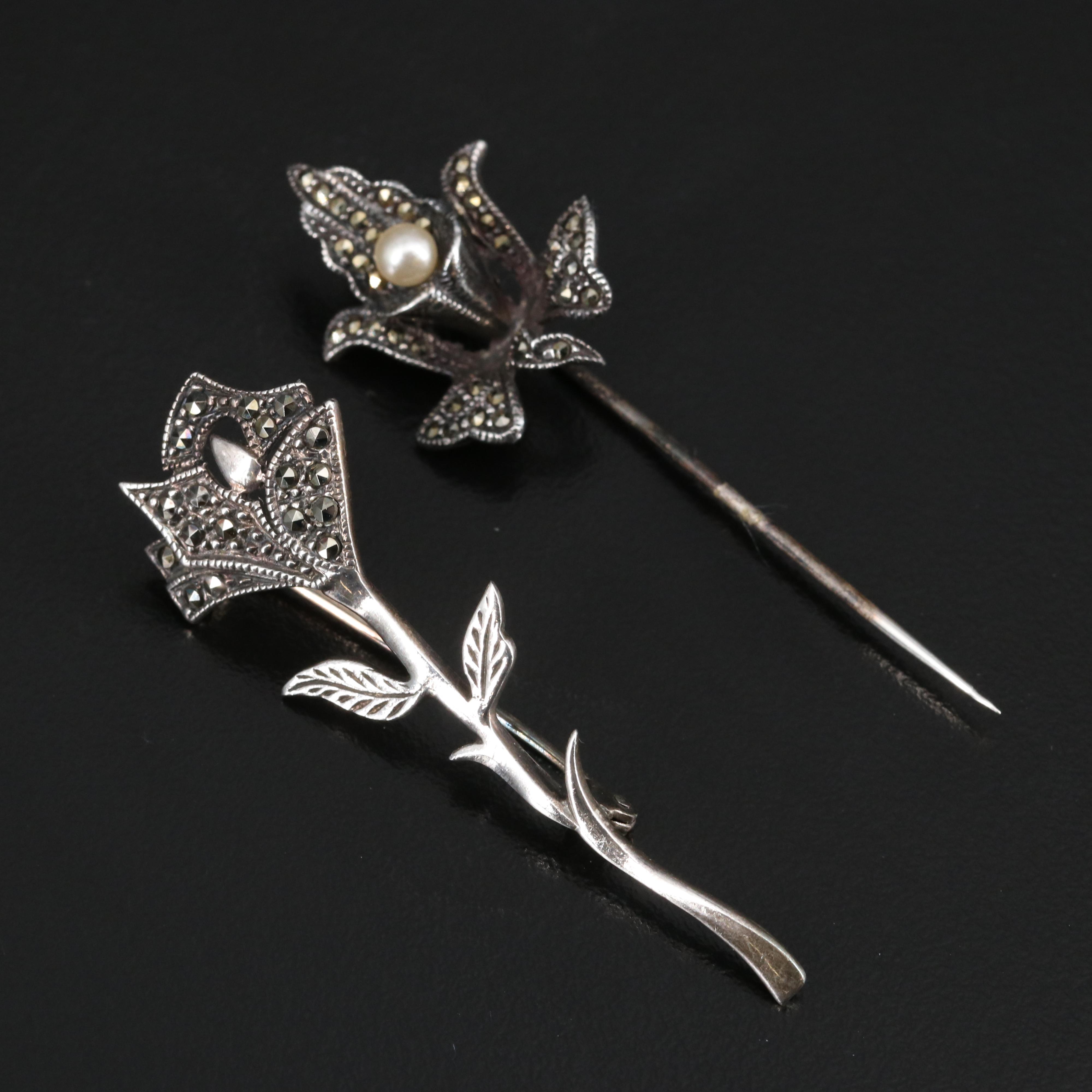 Art Deco Style Sterling Topaz, Marcasite and Black Onyx Brooches and Stick Pin