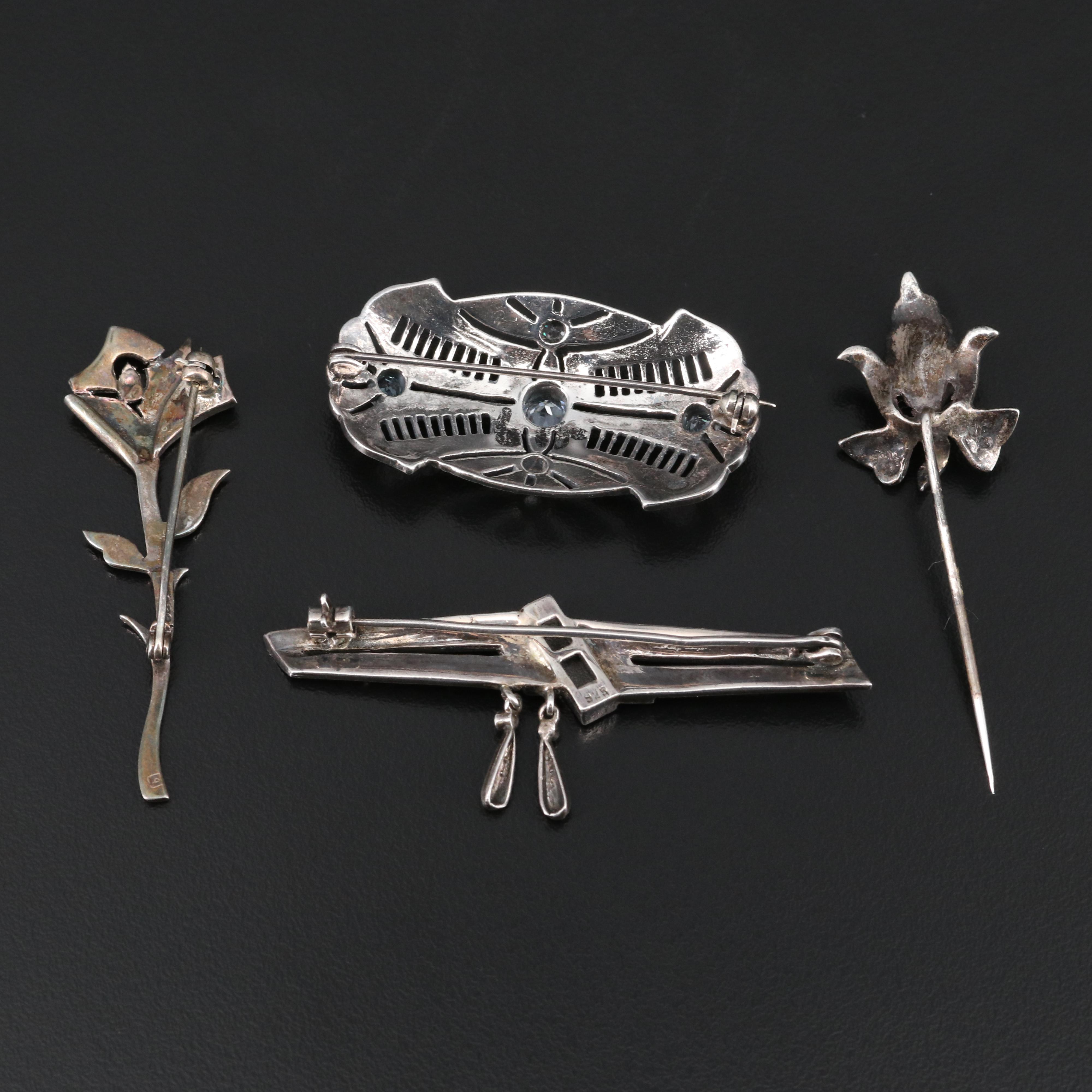 Art Deco Style Sterling Topaz, Marcasite and Black Onyx Brooches and Stick Pin